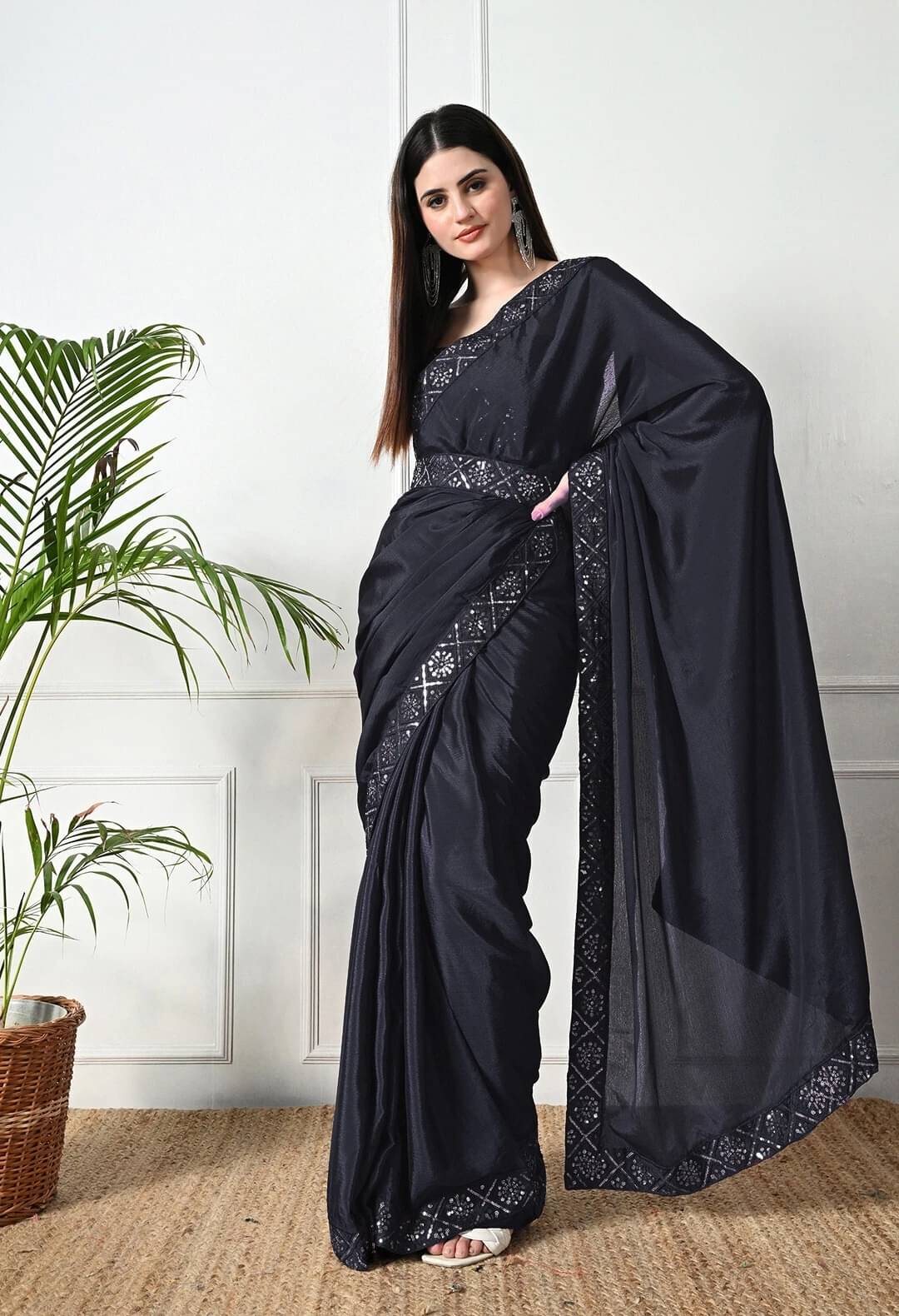    			Krisha Enterprise Chiffon Embellished Regular Saree With Unstitched Blouse Piece ( Black )