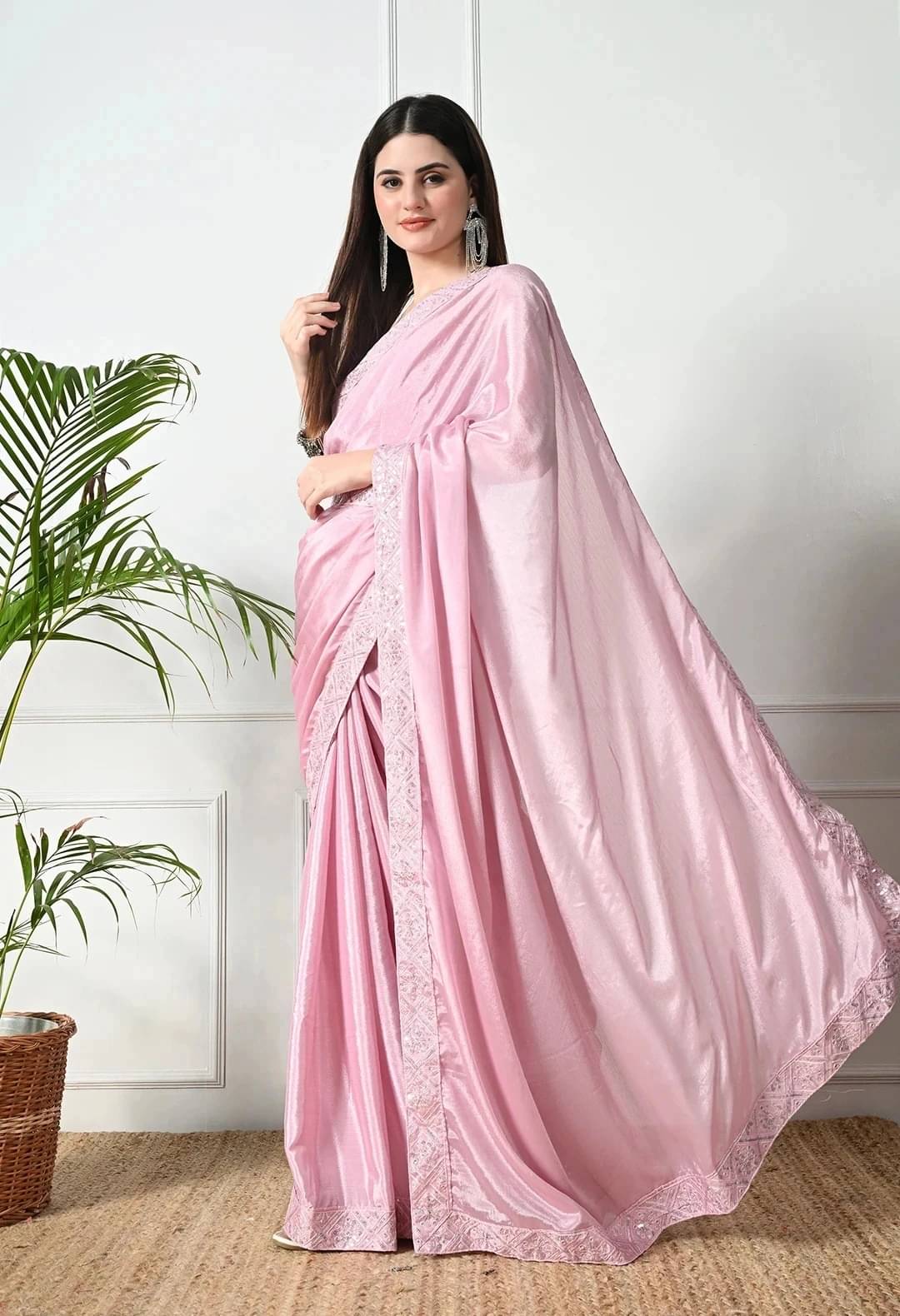     			Krisha Enterprise Chiffon Embellished Regular Saree With Unstitched Blouse Piece ( Pink )