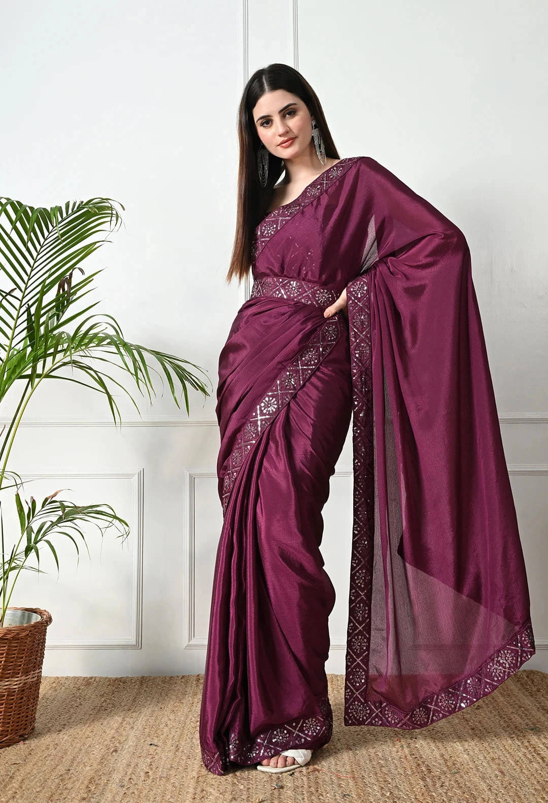     			Krisha Enterprise Chiffon Embellished Regular Saree With Unstitched Blouse Piece ( Purple )
