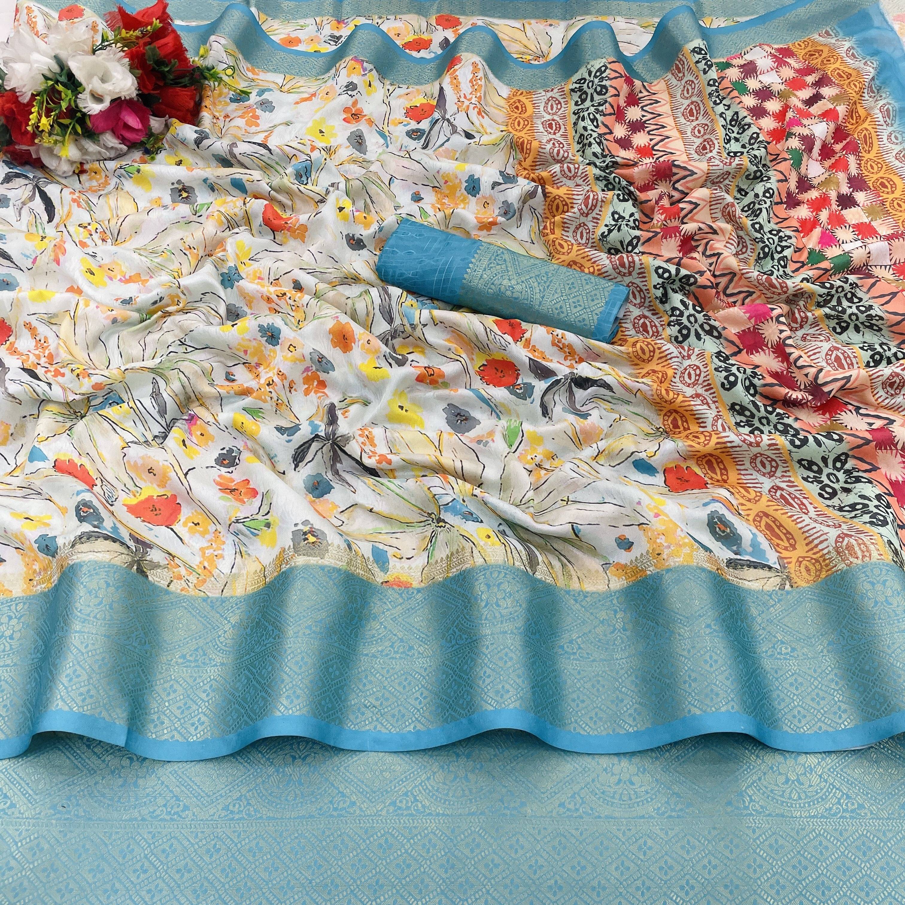 Krisha Enterprise Chiffon Printed Regular Saree With Unstitched Blouse Piece ( Light Blue ) Krisha Enterprise Chiffon Printed Regular Saree With Unstitched Blouse Piece ( Light Blue )