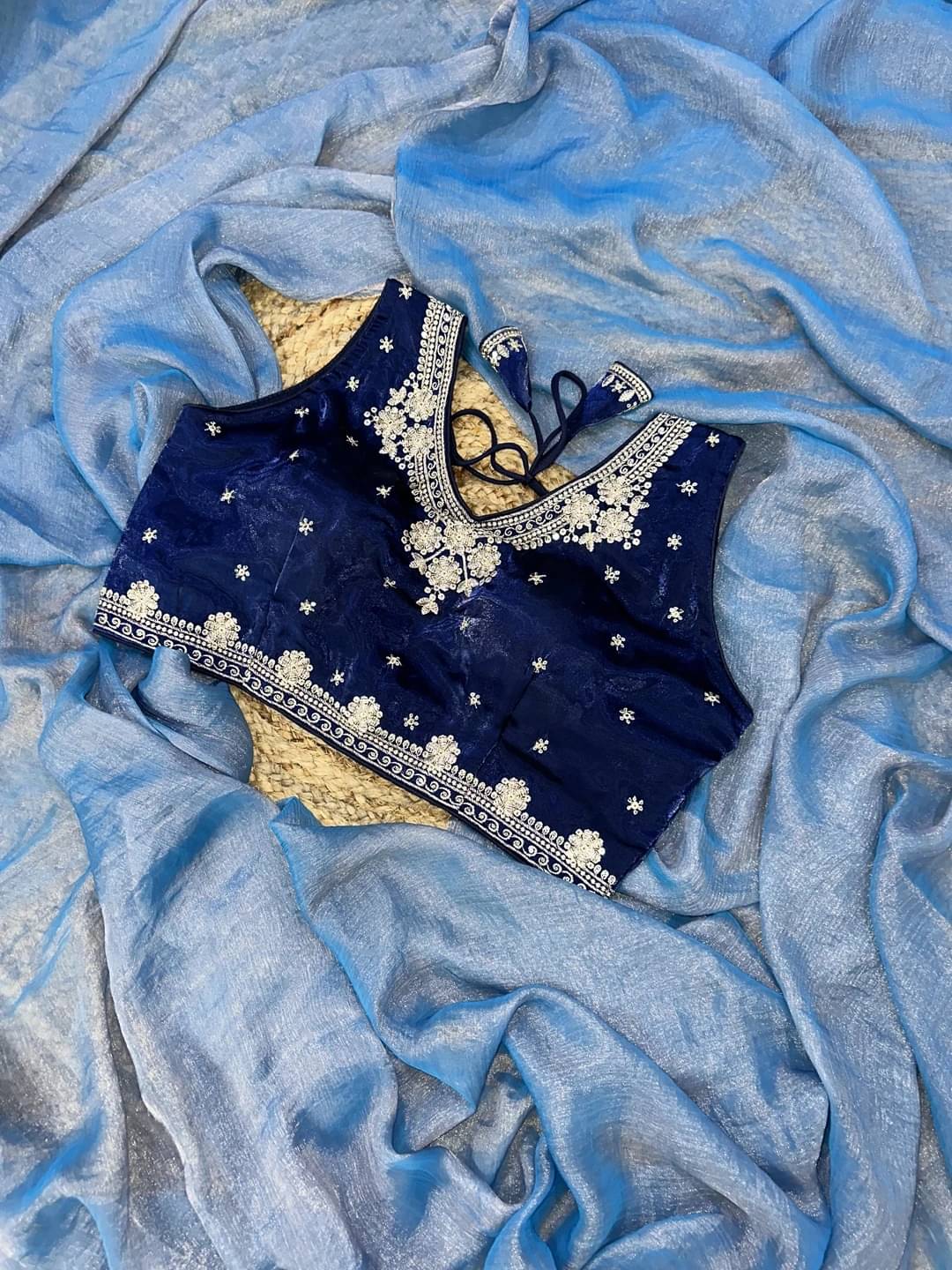 Krisha Enterprise Chiffon Solid Regular Saree With Stitched Blouse ( Blue ) Krisha Enterprise Chiffon Solid Regular Saree With Stitched Blouse ( Blue )