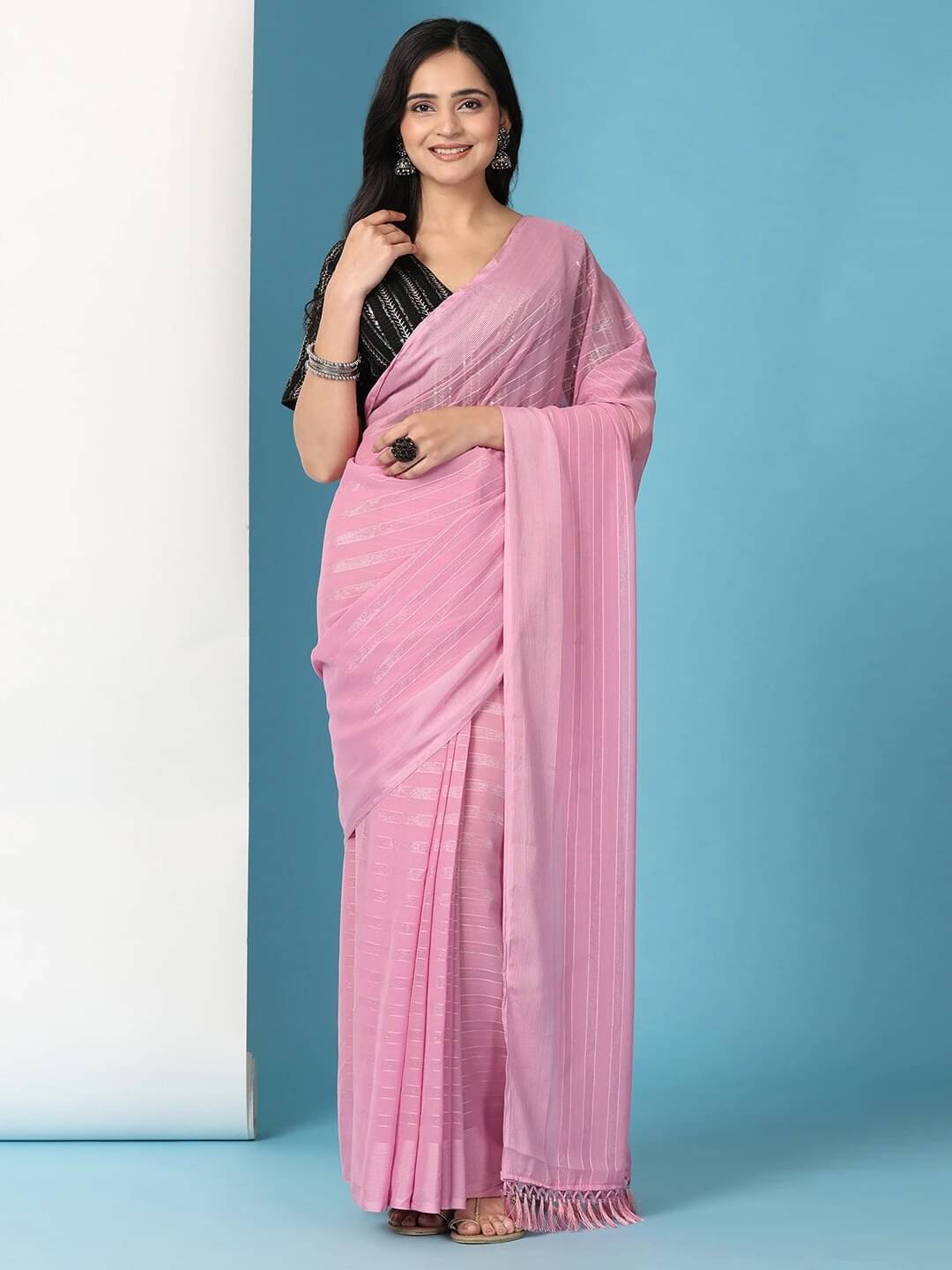 Krisha Enterprise Chiffon Striped Regular Saree With Stitched Blouse ( Cream )     			Krisha Enterprise Chiffon Striped Regular Saree With Stitched Blouse ( Cream )