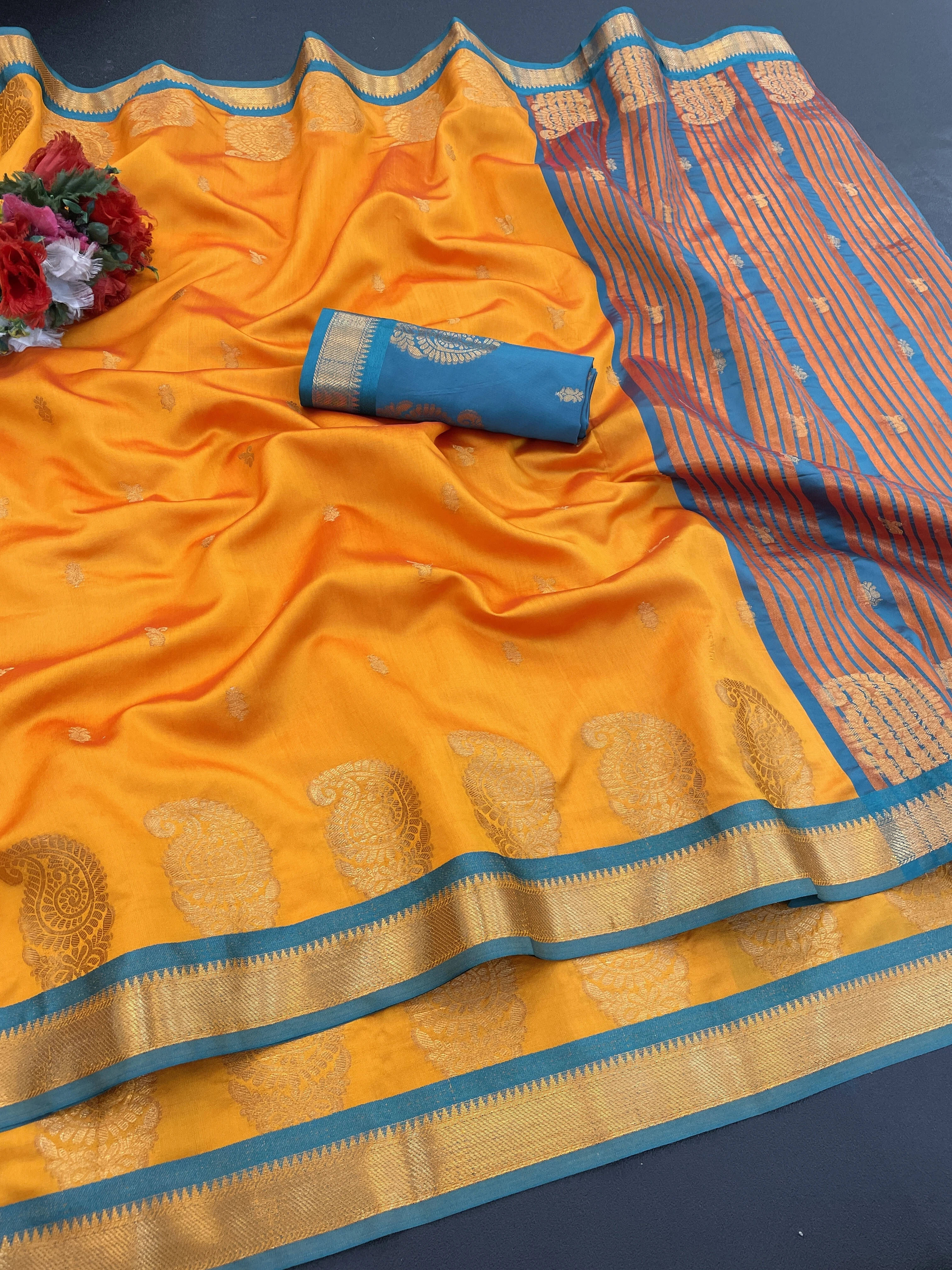     			Krisha Enterprise Cotton Blend Woven Regular Saree With Unstitched Blouse Piece ( Orange )