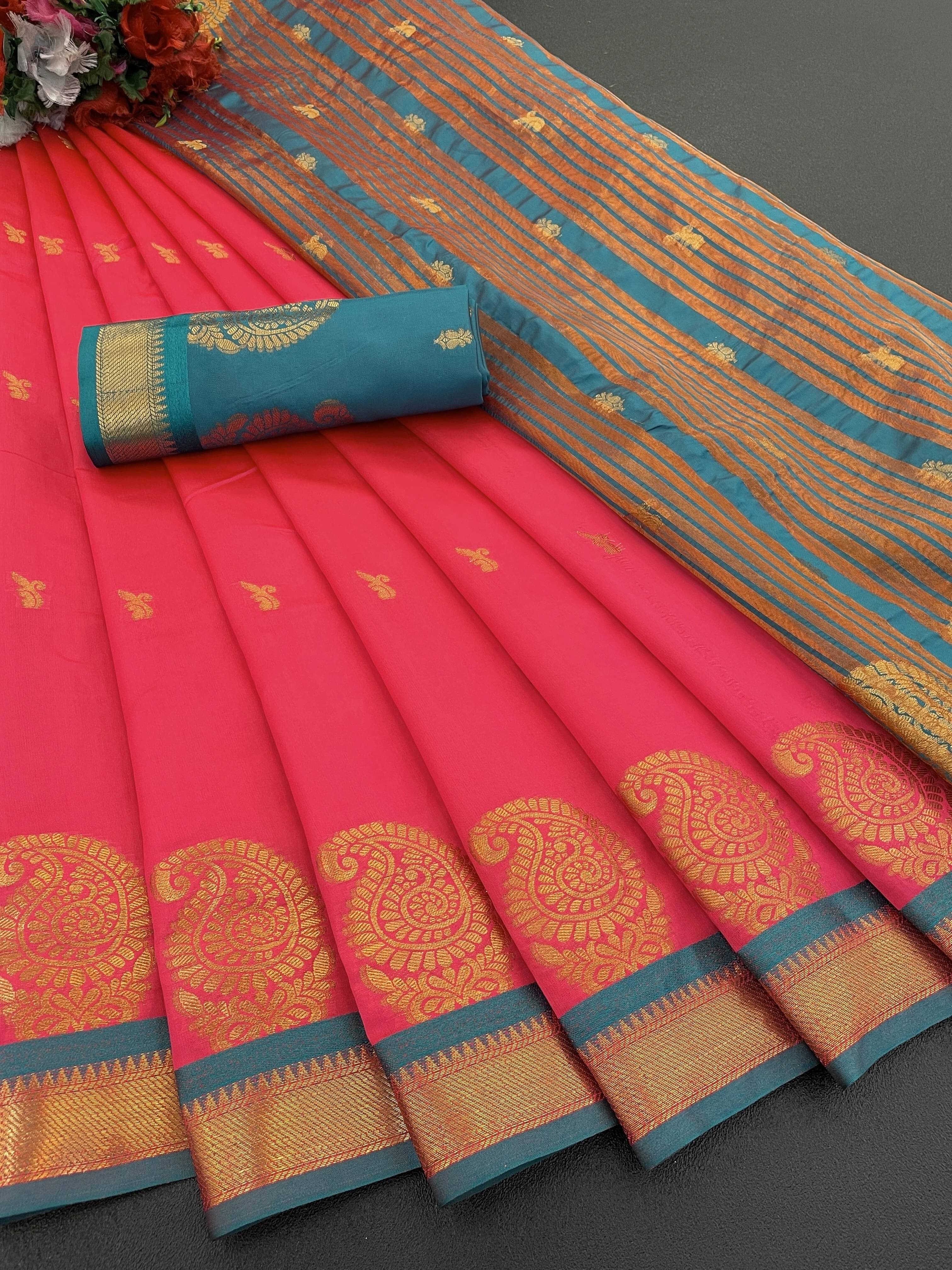     			Krisha Enterprise Cotton Blend Woven Regular Saree With Unstitched Blouse Piece ( Pink )