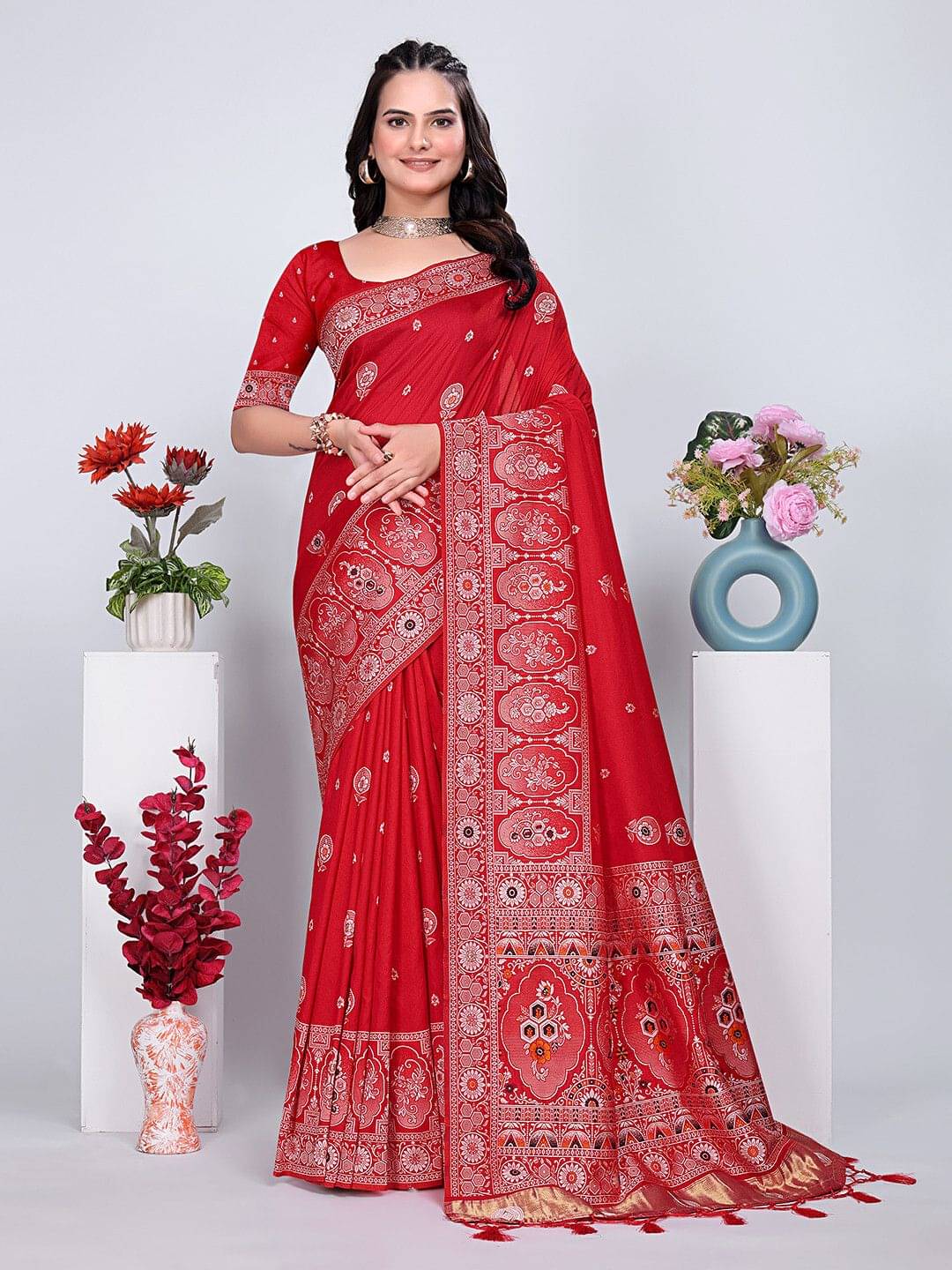 Krisha Enterprise Cotton Blend Woven Regular Saree With Unstitched Blouse Piece ( Red )     			Krisha Enterprise Cotton Blend Woven Regular Saree With Unstitched Blouse Piece ( Red )