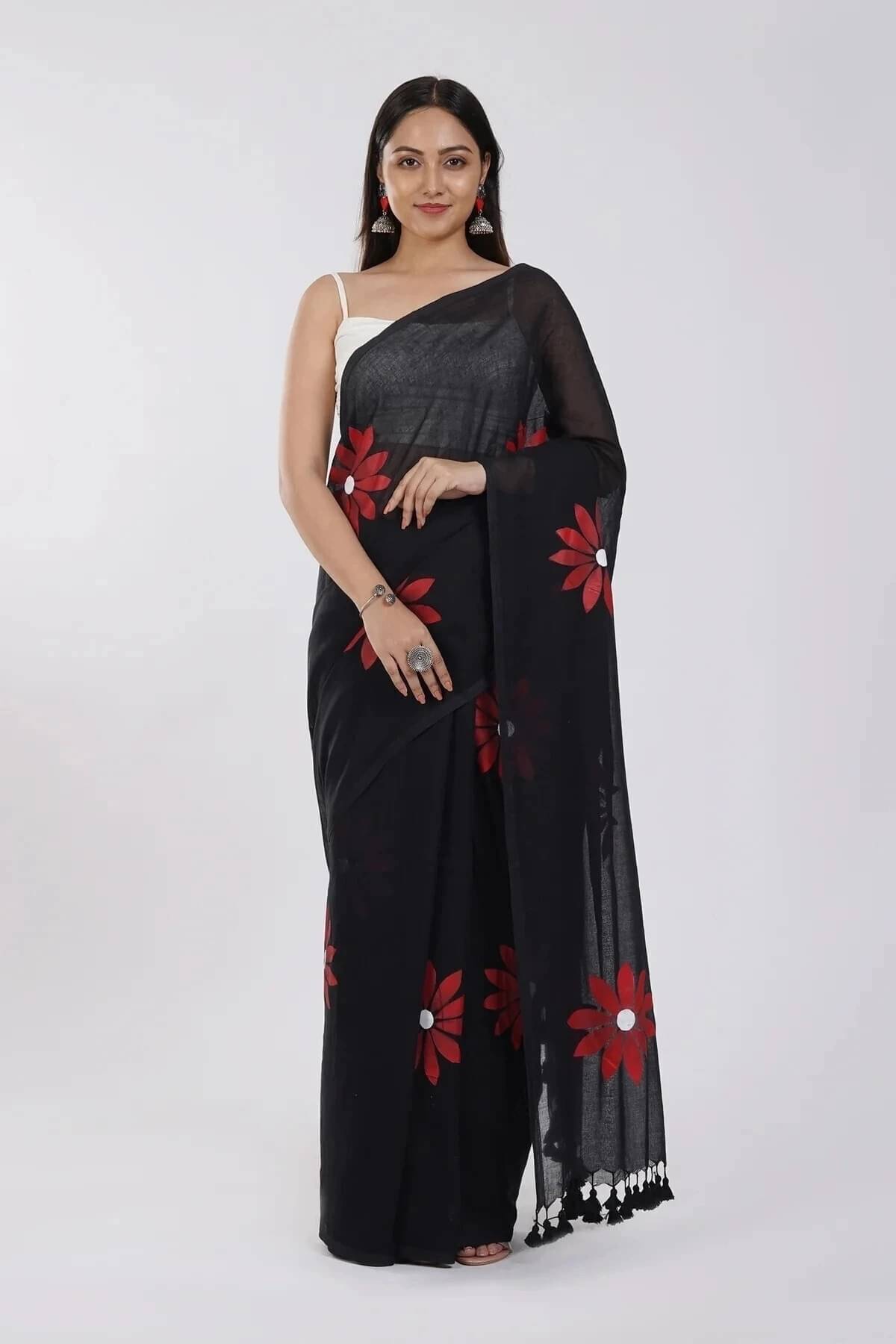 Krisha Enterprise Cotton Printed Regular Saree With Unstitched Blouse Piece ( Black )     			Krisha Enterprise Cotton Printed Regular Saree With Unstitched Blouse Piece ( Black )