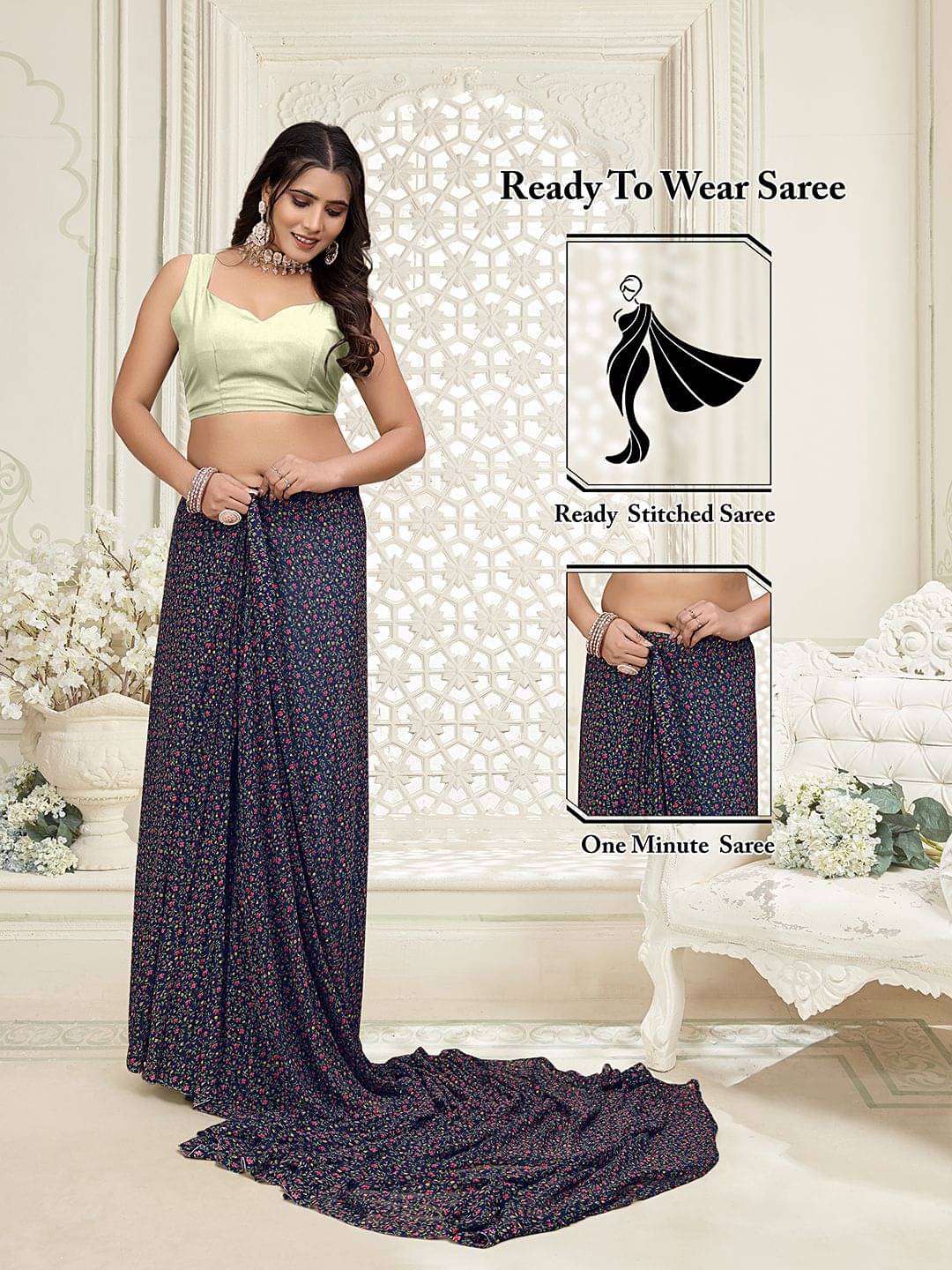     			Krisha Enterprise Georgette Printed Regular Saree With Unstitched Blouse Piece ( Navy Blue )