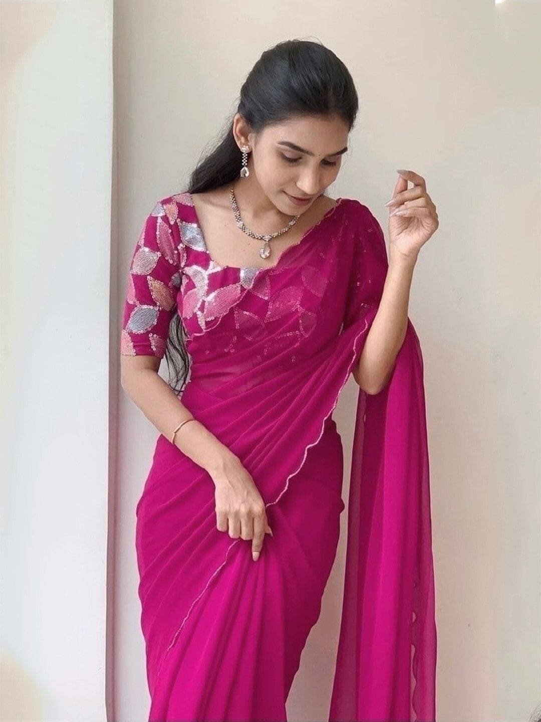 Krisha Enterprise Georgette Solid Regular Saree With Unstitched Blouse Piece ( Pink ) Krisha Enterprise Georgette Solid Regular Saree With Unstitched Blouse Piece ( Pink )