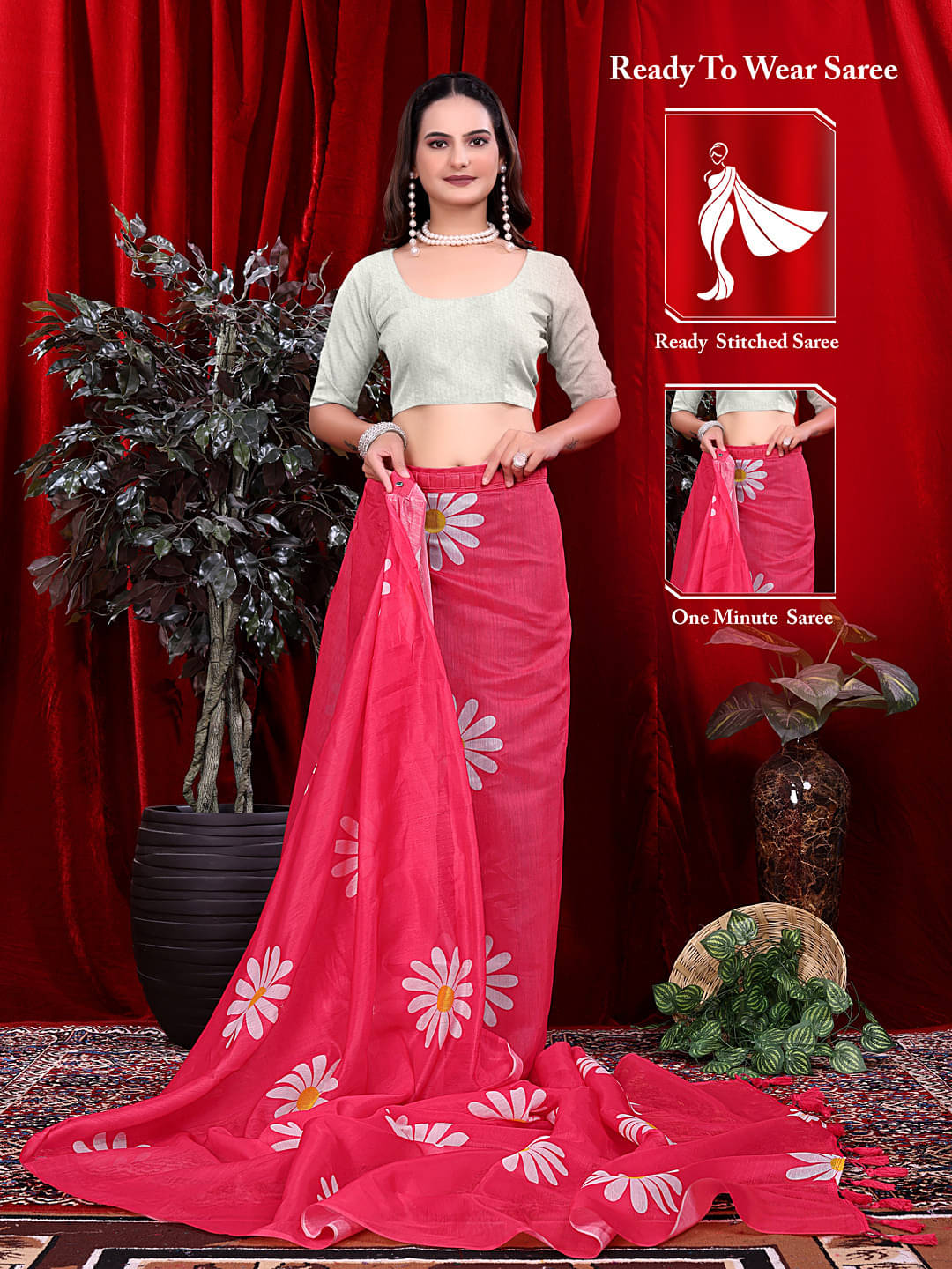     			Krisha Enterprise Linen Printed Regular Saree With Unstitched Blouse Piece ( Pink )