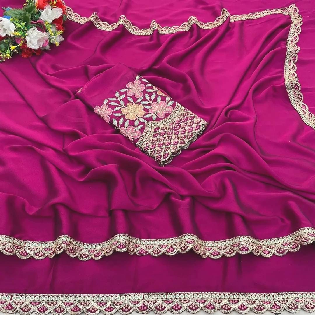     			Krisha Enterprise Silk Blend Embroidered Regular Saree With Unstitched Blouse Piece ( Pink )
