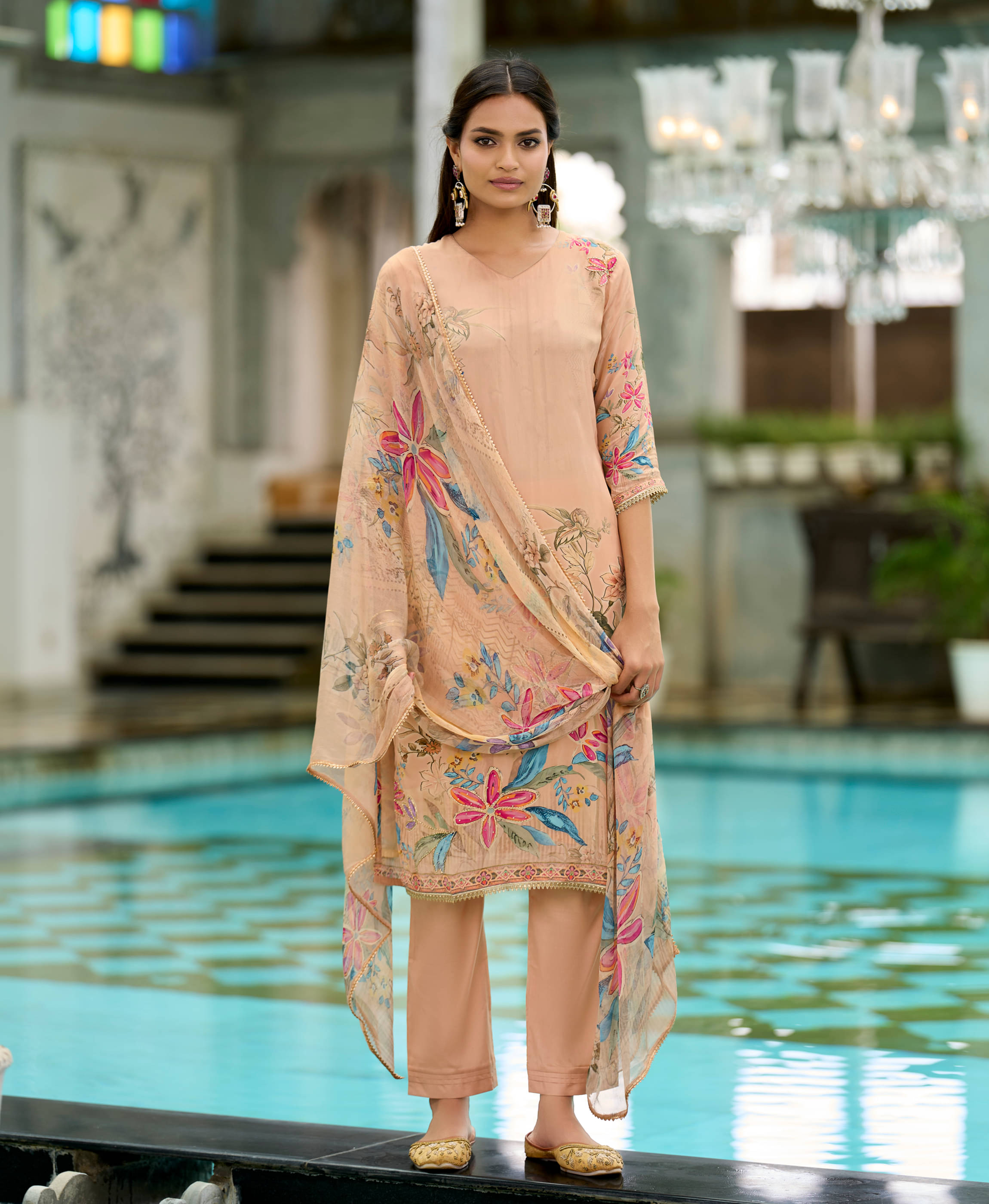 MOJILAA Women Crepe Printed Straight Kurti With Pants ( Peach )     			MOJILAA Women Crepe Printed Straight Kurti With Pants ( Peach )