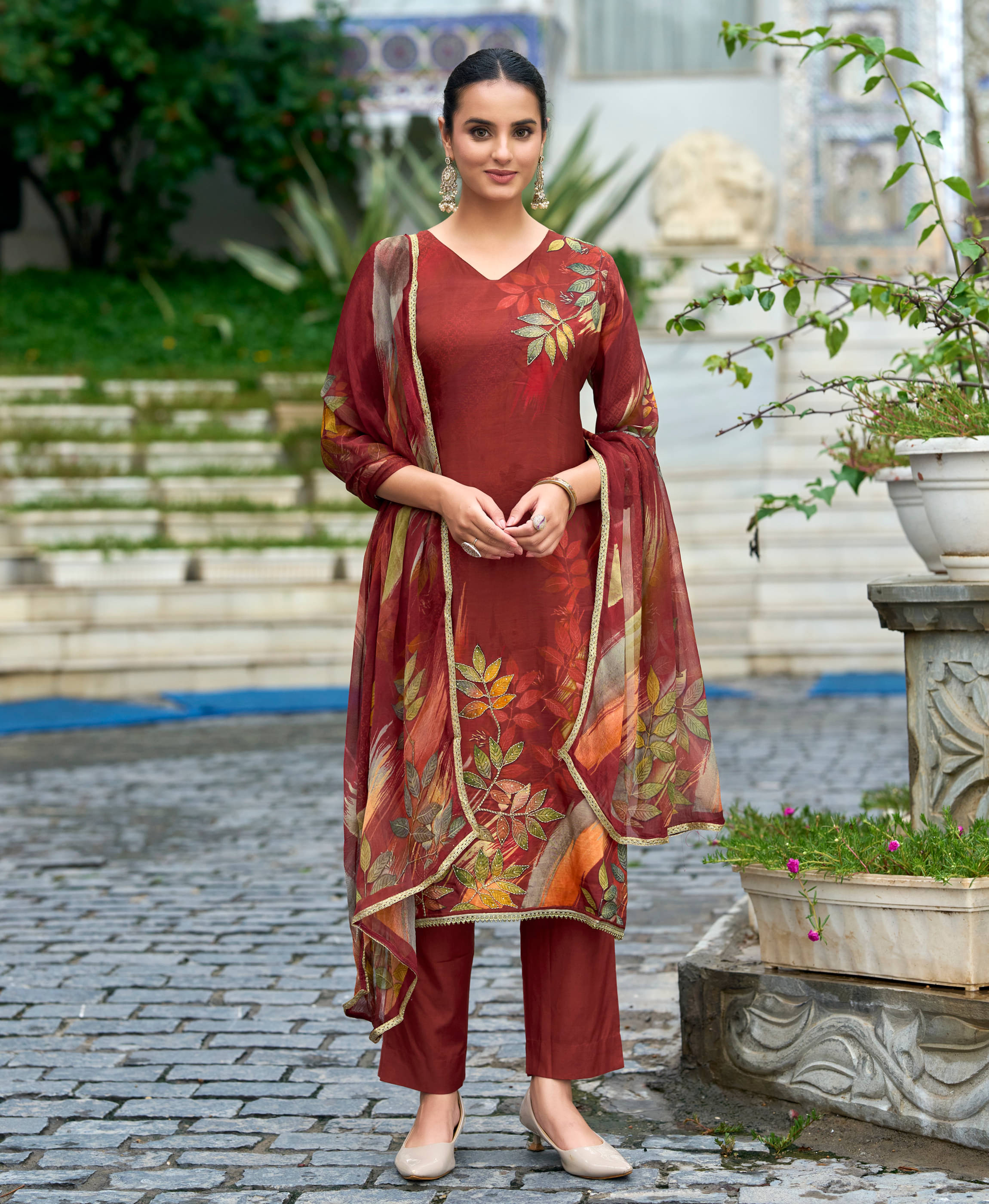     			MOJILAA Women Organza Printed Straight Kurti With Pants ( Brown )