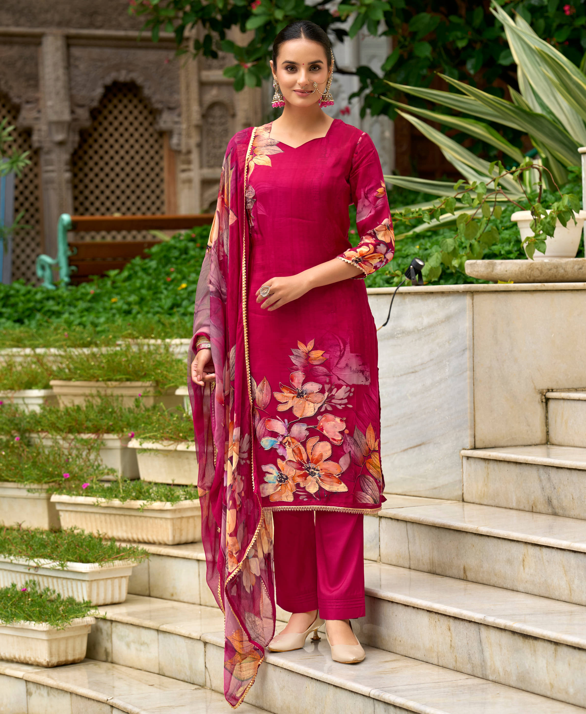MOJILAA Women Organza Printed Straight Kurti With Pants ( Fuchsia )     			MOJILAA Women Organza Printed Straight Kurti With Pants ( Fuchsia )
