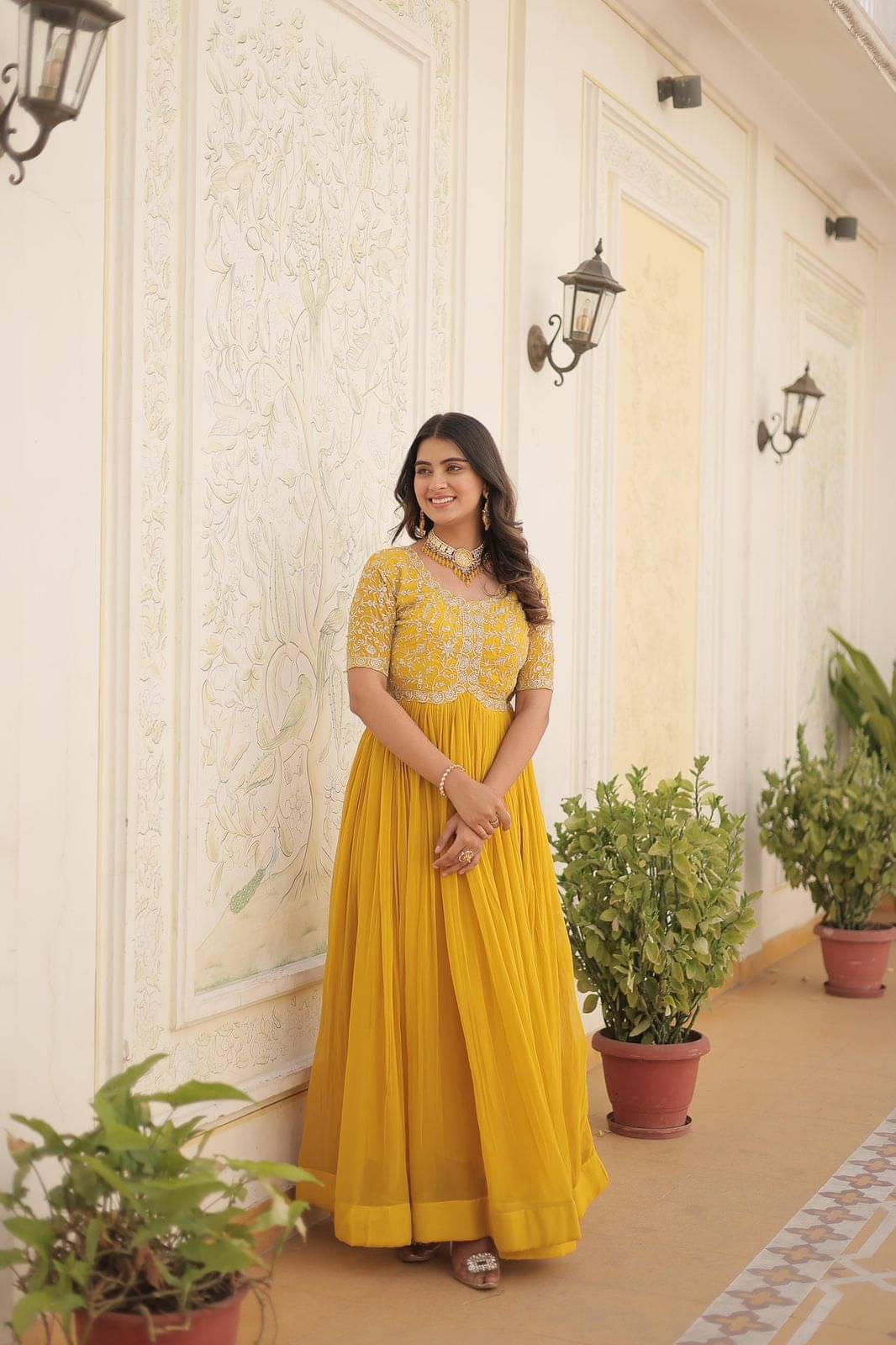     			Maa Enterprise Women Georgette Anarkali Stitched Ethnic Gown ( Yellow )