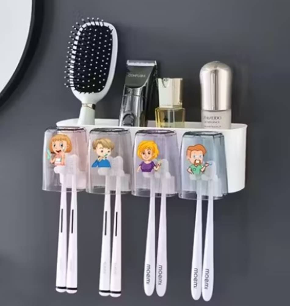     			Plastic 2 In 1 Cartoon Brush Holder Stand & Cup For Bathroom Wall Mounted, Self Adhesive Toothbrush and Toothpaste 4 Slot Holder
