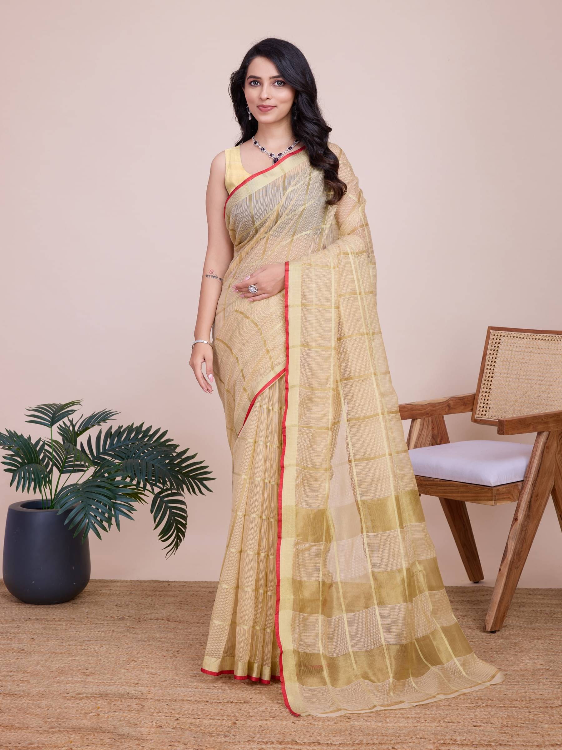 Rangtulika Ethnics Silk Checked Kota Doria Saree With Unstitched Blouse Piece ( Beige ) Rangtulika Ethnics Silk Checked Kota Doria Saree With Unstitched Blouse Piece ( Beige )