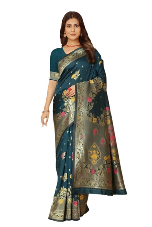     			Silksutra Silk Blend Woven Design Kanjeevaram Sarees With Unstitched Blouse Piece ( Teal )