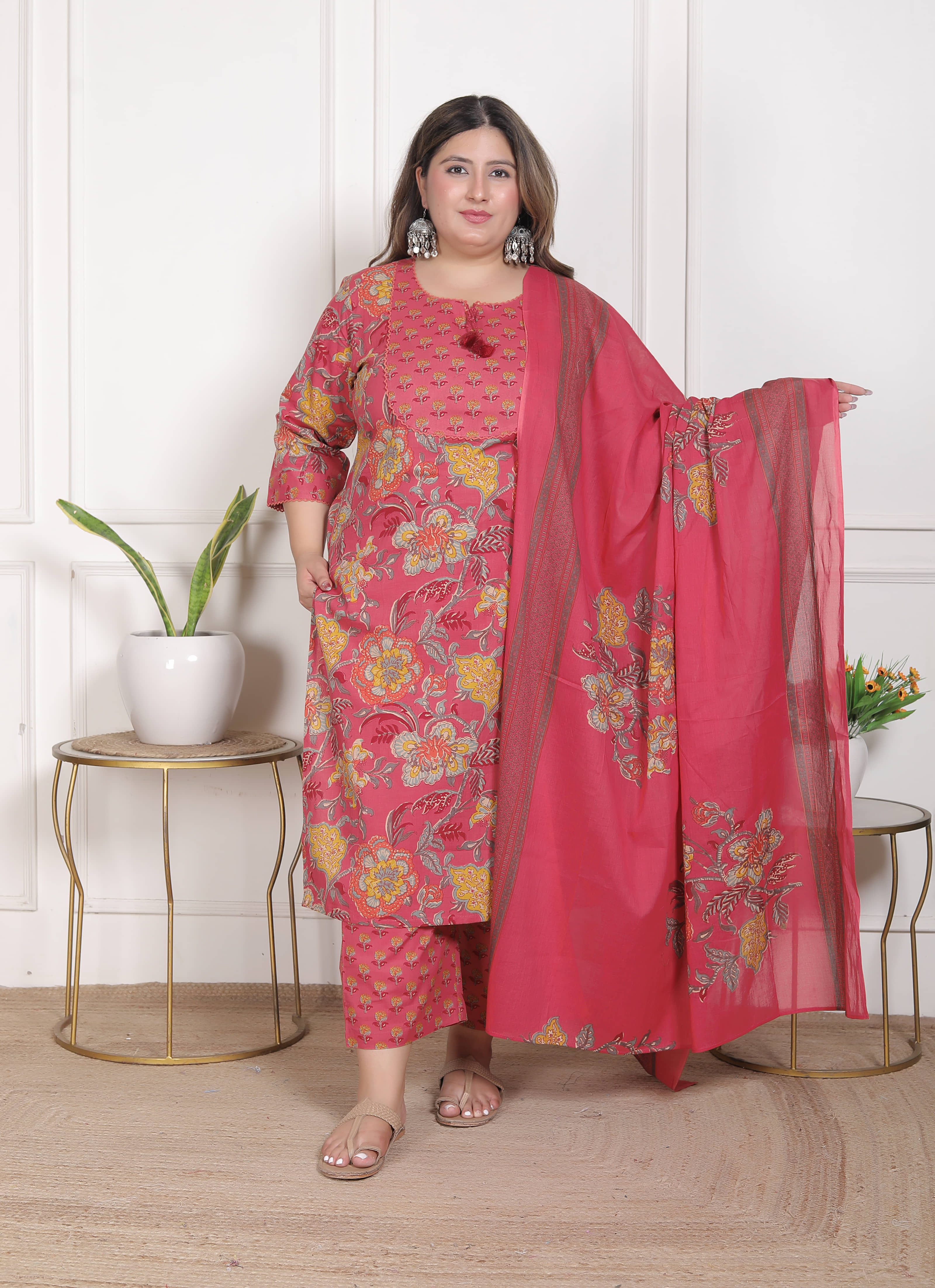 Swasti Women Cotton Printed Straight Kurti With Salwar ( Red )