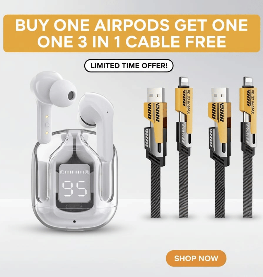     			Tws ULTRAPODS display bluetooth, Earbuds Pro + 4 in 1 data fast cable ,  Bluetooth Headphone + 4 in 1 charging cable