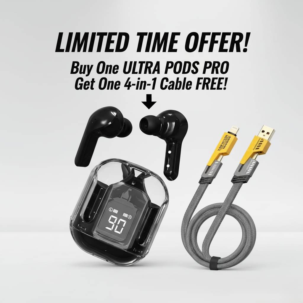     			Tws Ultrapods display bluetooth, Earbuds Pro + 4 in 1 data fast cable ,  Bluetooth Headphone + 3 in 1 charging cable