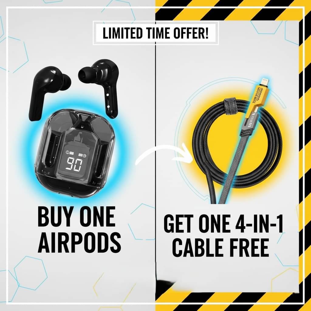     			Tws Ultrapods display bluetooth, Earbuds Pro + 4 in 1 data fast cable ,  Bluetooth Headphone + 3 in 1 charging cable