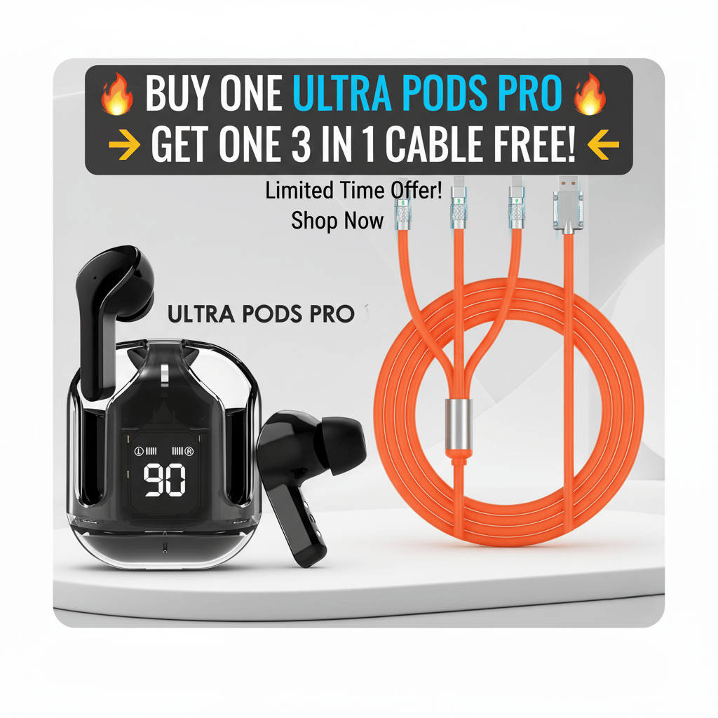     			Tws Ultrapods display bluetooth, Earbuds Pro + 3 in 1 data fast cable ,  Bluetooth Headphone + 3 in 1 charging cable