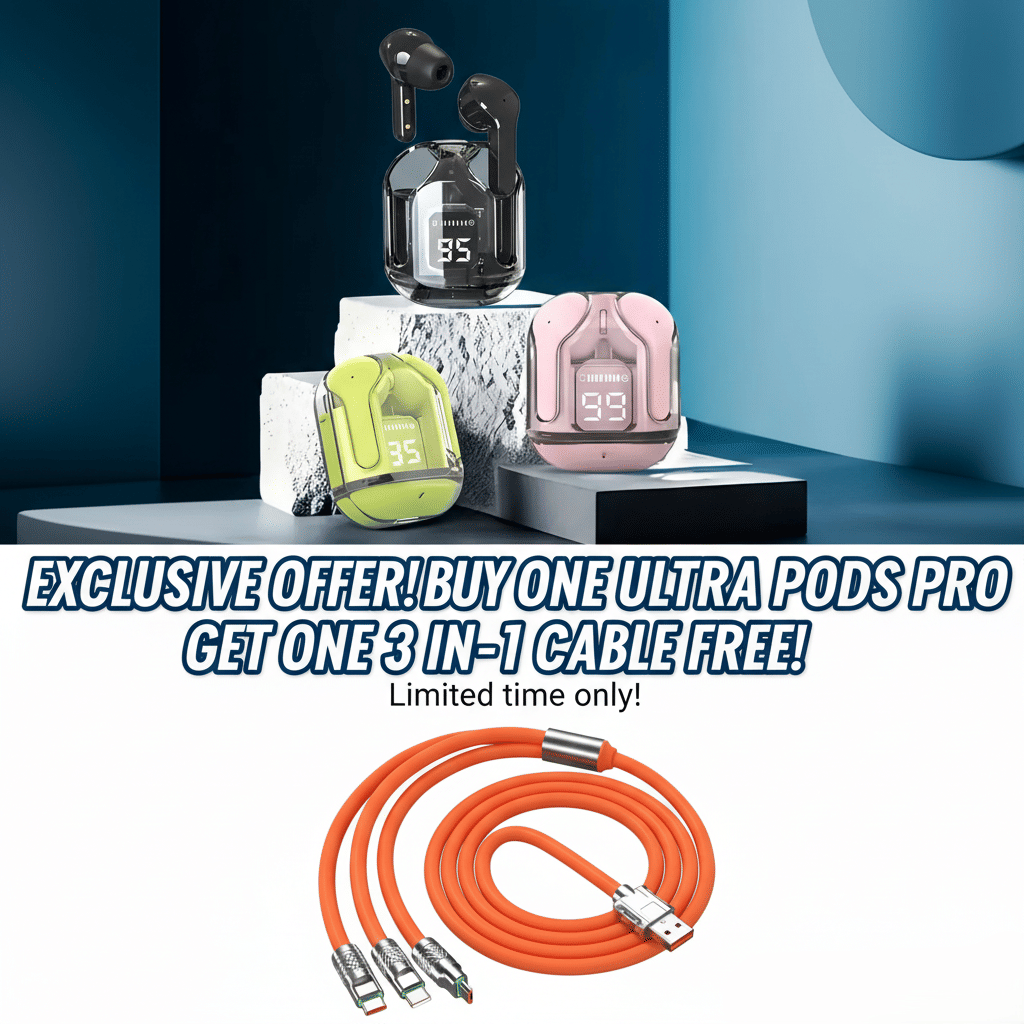     			Tws Ultrapods display bluetooth, Earbuds Pro + 3 in 1 data fast cable ,  Bluetooth Headphone + 3 in 1 charging cable