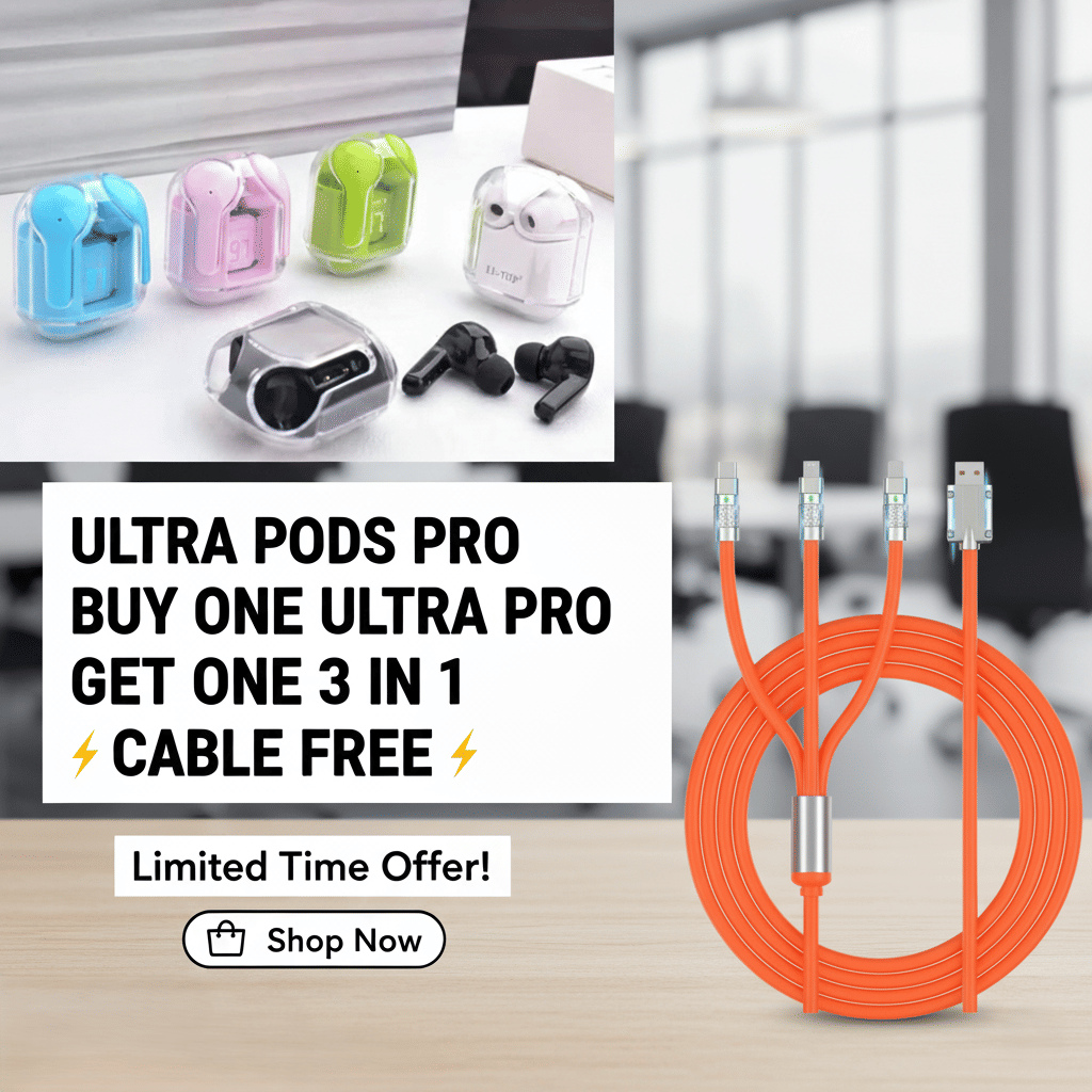     			Tws Ultrapods display bluetooth, Earbuds Pro + 3 in 1 data fast cable ,  Bluetooth Headphone + 3 in 1 charging cable