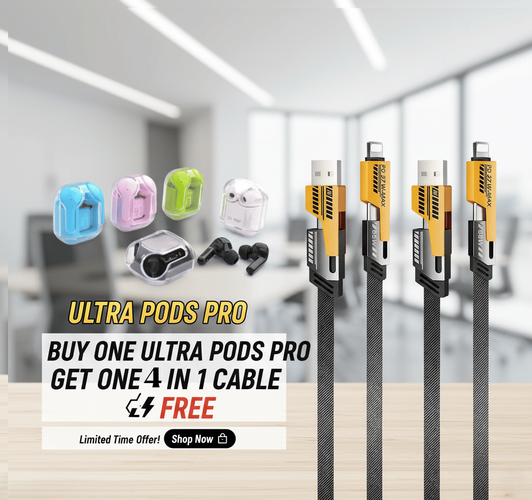     			Tws Ultrapods display bluetooth, Earbuds Pro + 4 in 1 data fast cable ,  Bluetooth Headphone + 4 in 1 charging cable