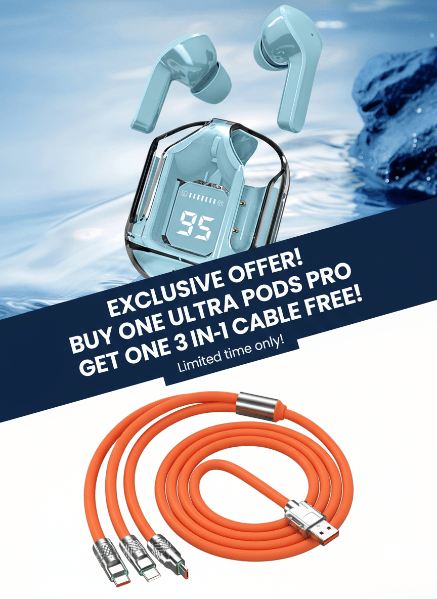     			Tws Ultrapods display bluetooth, Earbuds Pro + 3 in 1 data fast cable ,  Bluetooth Headphone + 3 in 1 charging cable