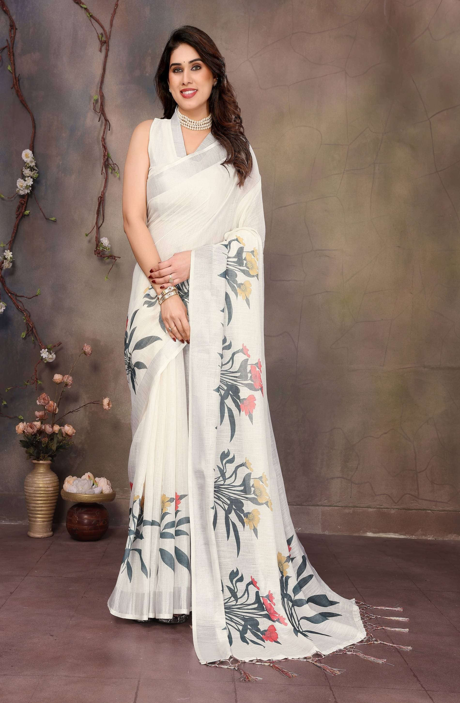 WOVEN STOCK Cotton Silk Printed Regular Saree With Unstitched Blouse Piece ( White ) WOVEN STOCK Cotton Silk Printed Regular Saree With Unstitched Blouse Piece ( White )