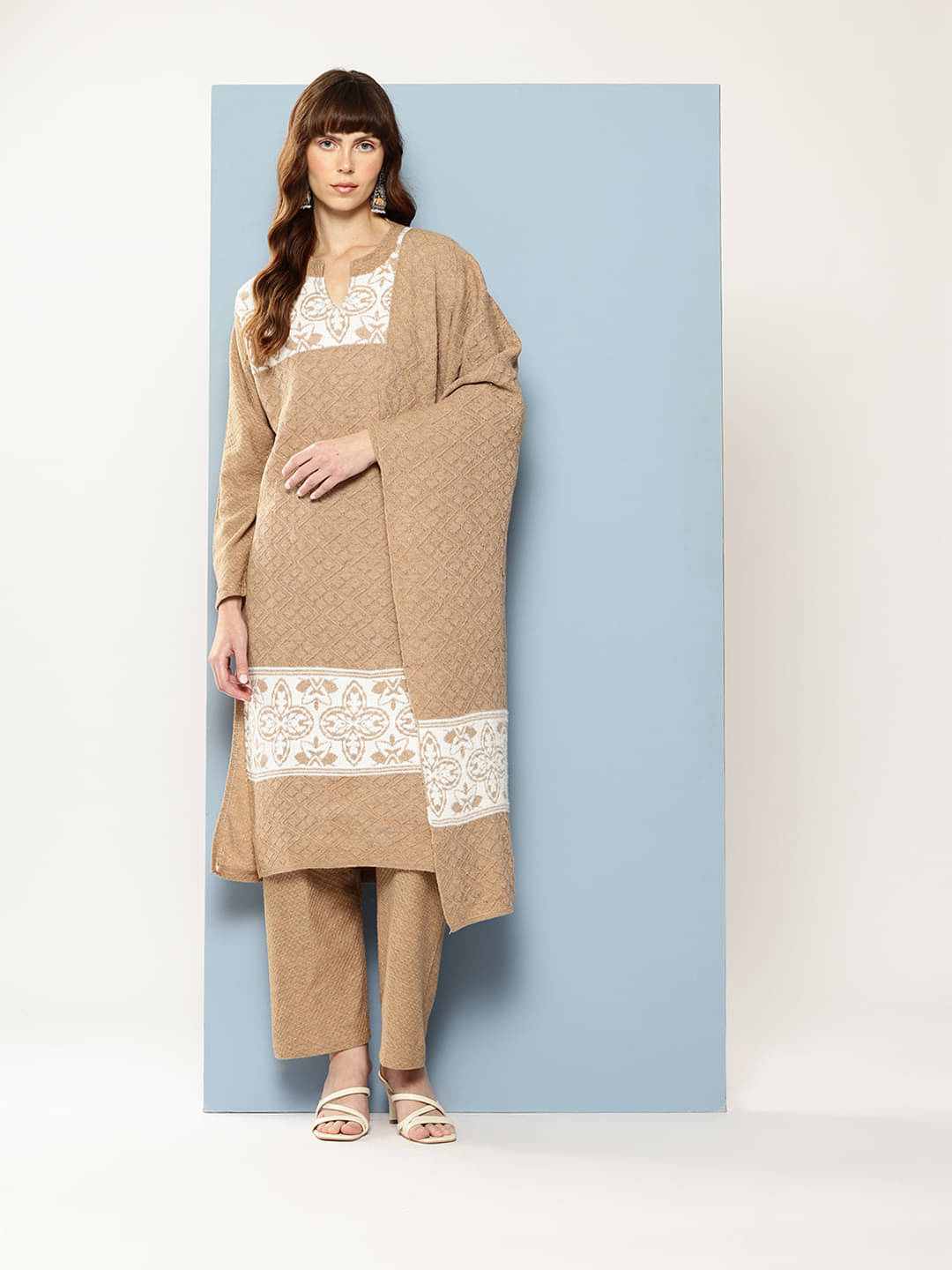     			Aarika Women Woollen Self Design Straight Kurti With Pants ( Brown )