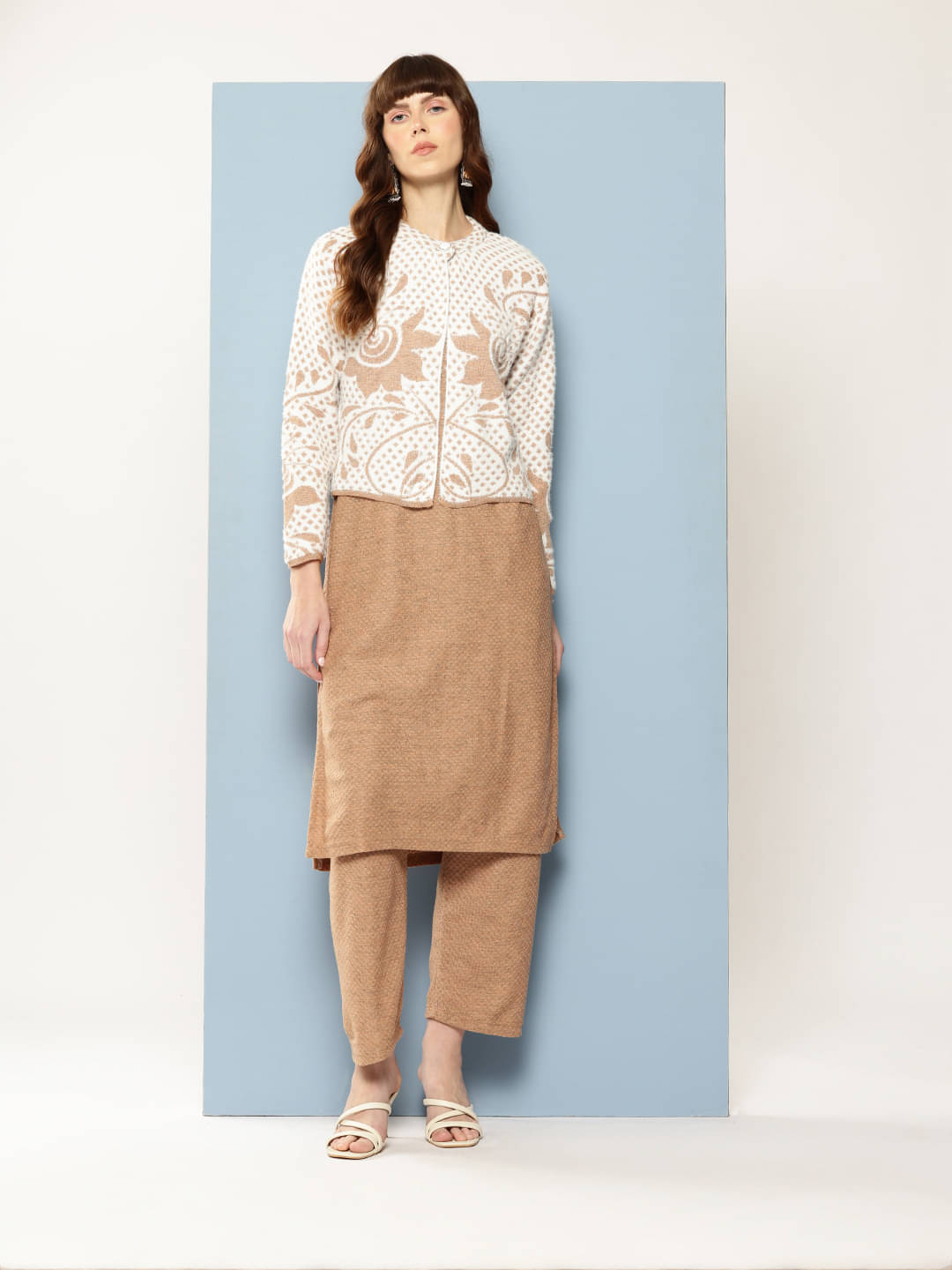     			Aarika Women Woollen Self Design Straight Kurti With Pants ( Brown )