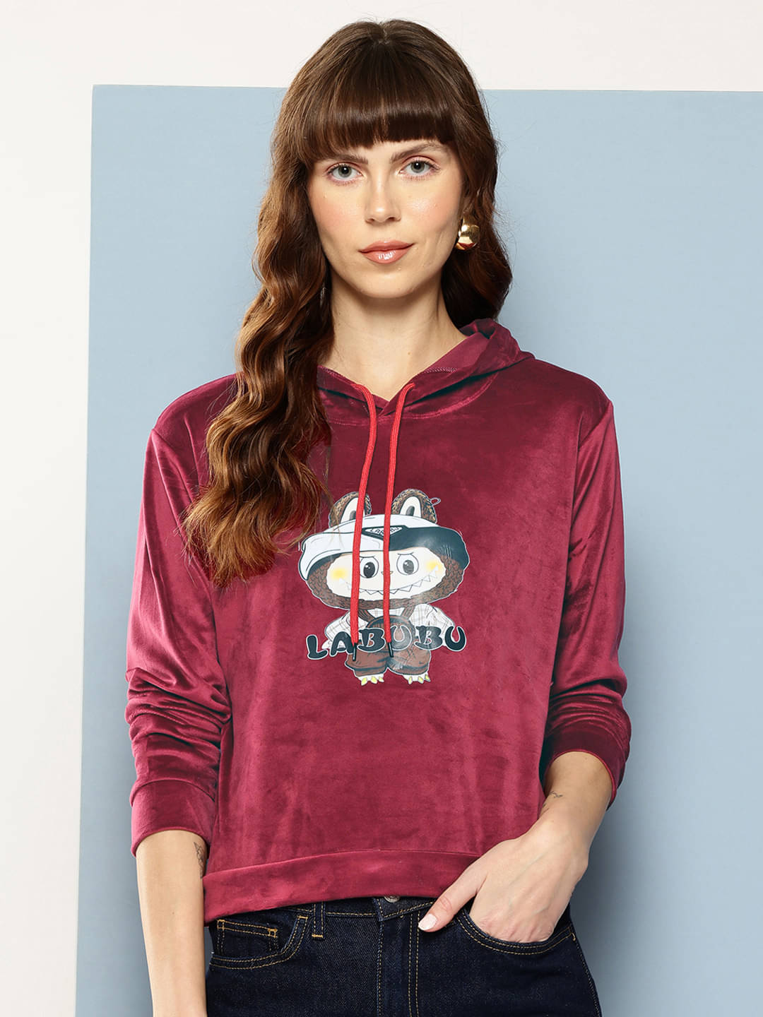 Aarika Women Velvet Hooded Sweatshirt ( Maroon ) Aarika Women Velvet Hooded Sweatshirt ( Maroon )