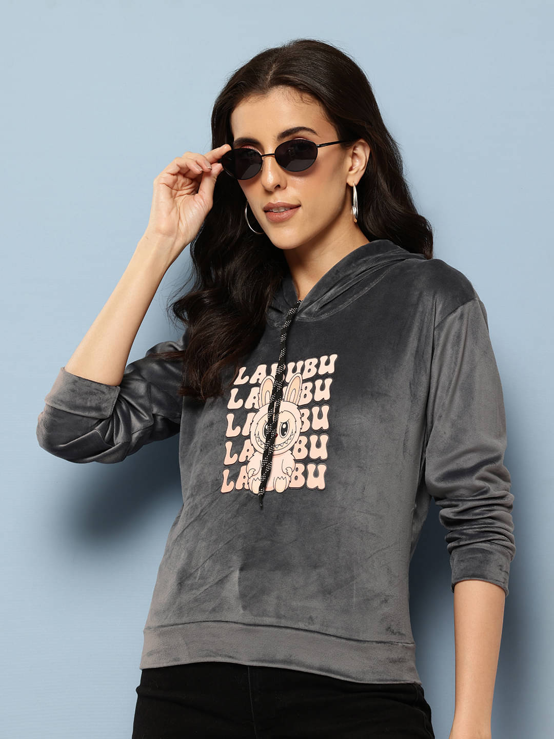 Aarika Women Velvet Hooded Sweatshirt ( Grey ) Aarika Women Velvet Hooded Sweatshirt ( Grey )