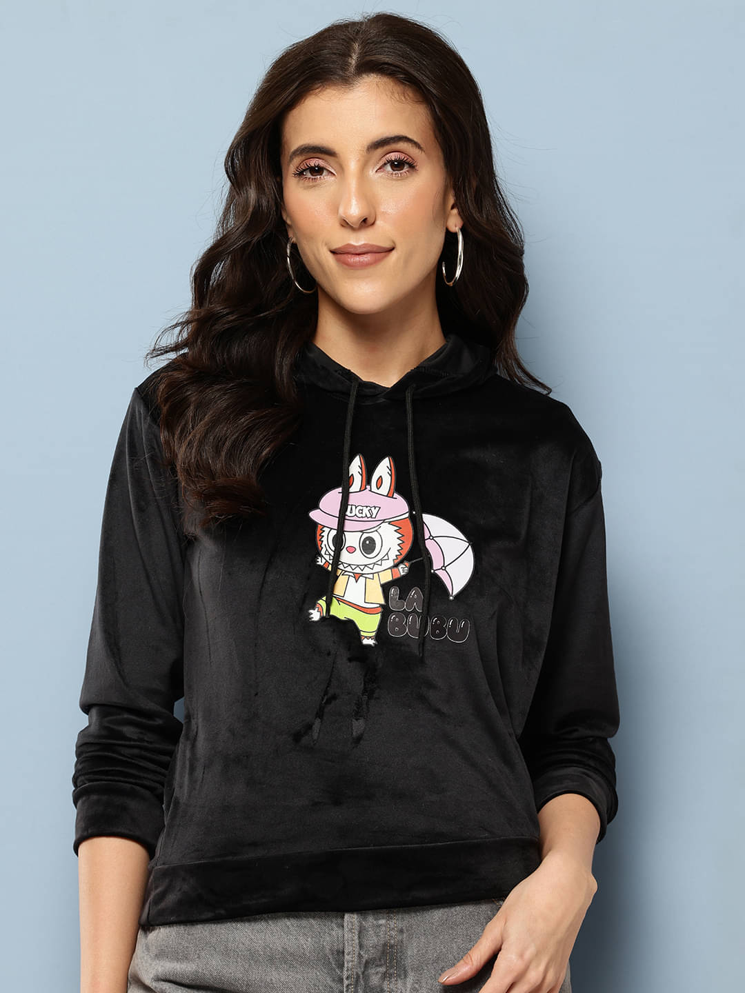 Aarika Women Velvet Hooded Sweatshirt ( Black ) Aarika Women Velvet Hooded Sweatshirt ( Black )