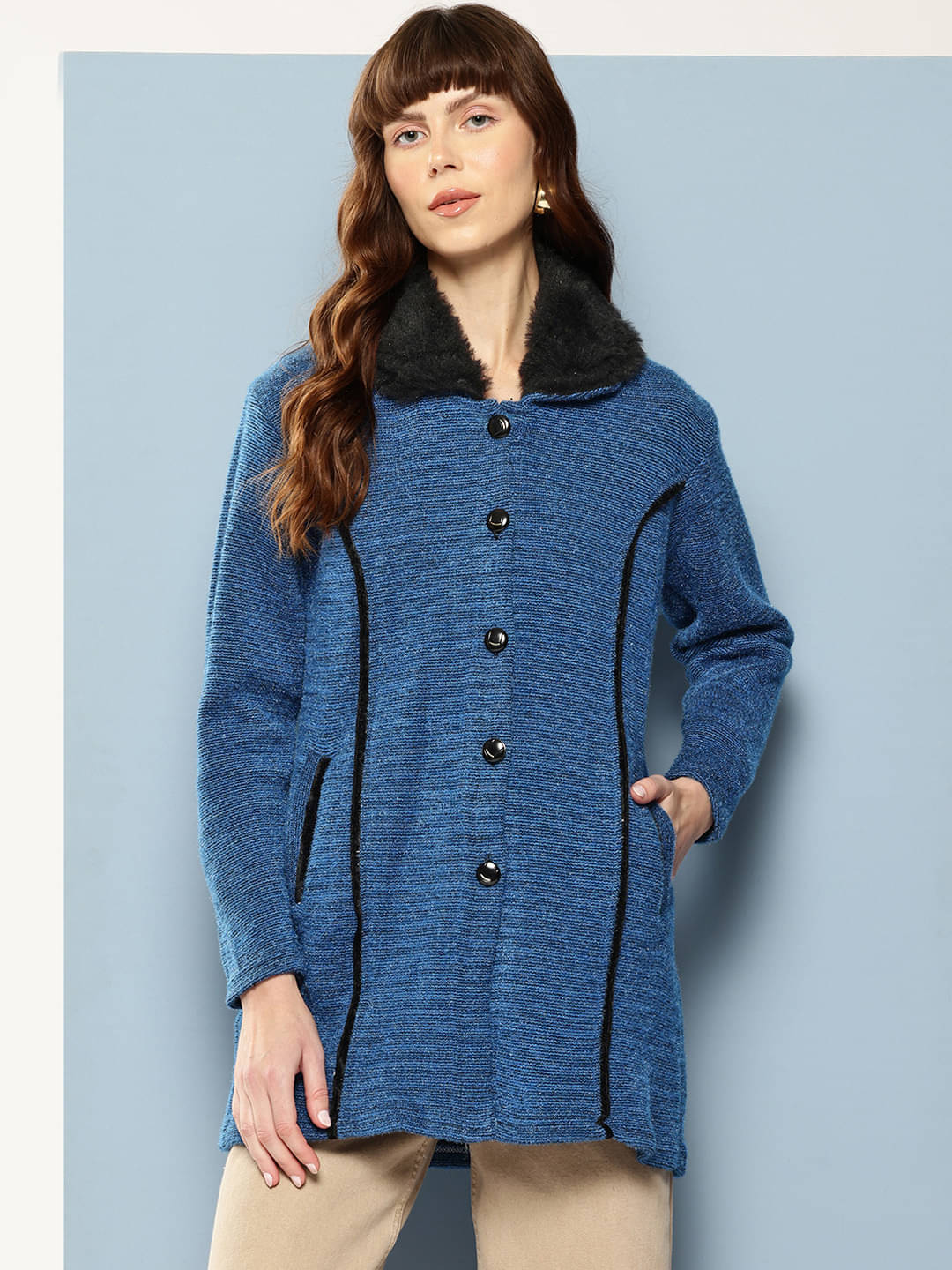 Aarika Woollen Regular Collar Women's Buttoned Cardigans - Blue ( Pack of 1 ) Aarika Woollen Regular Collar Women's Buttoned Cardigans - Blue ( Pack of 1 )