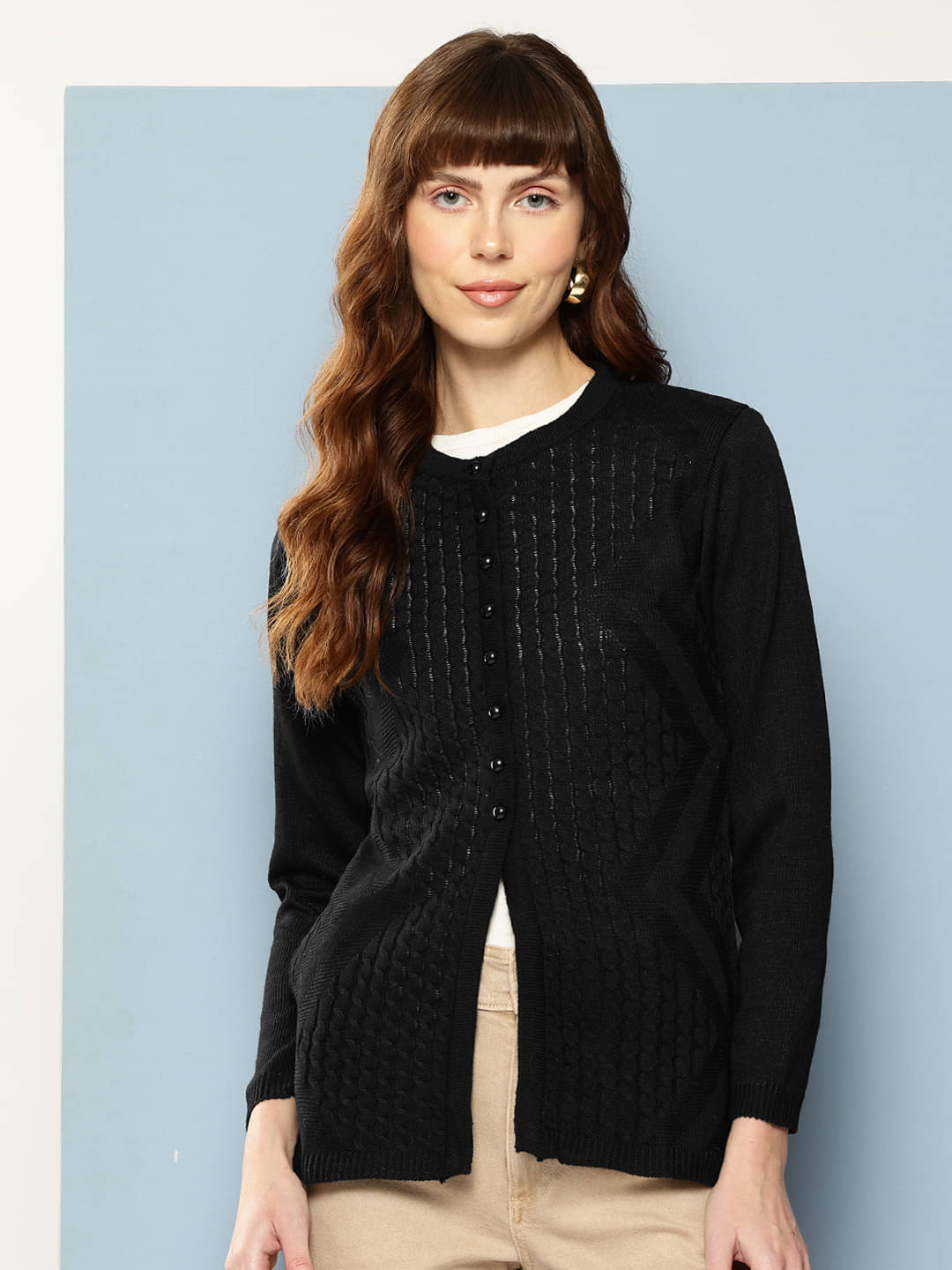 Aarika Women Woollen Round Neck Cardigan ( Black )     			Aarika Women Woollen Round Neck Cardigan ( Black )