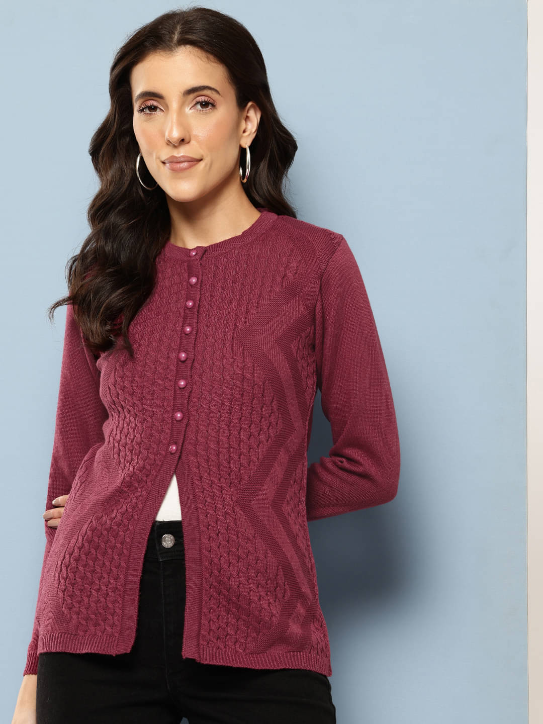Aarika Woollen Round Neck Women's Buttoned Cardigans - Maroon ( Pack of 1 ) Aarika Woollen Round Neck Women's Buttoned Cardigans - Maroon ( Pack of 1 )