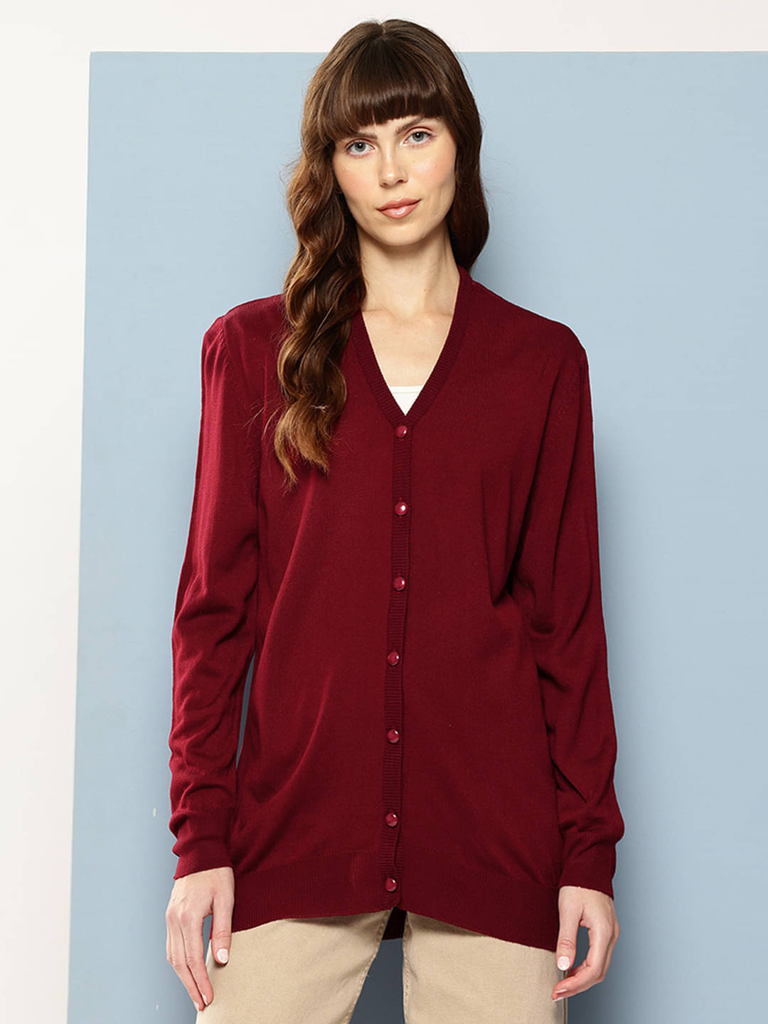 Aarika Women Woollen V-Neck Cardigan ( Maroon )     			Aarika Women Woollen V-Neck Cardigan ( Maroon )