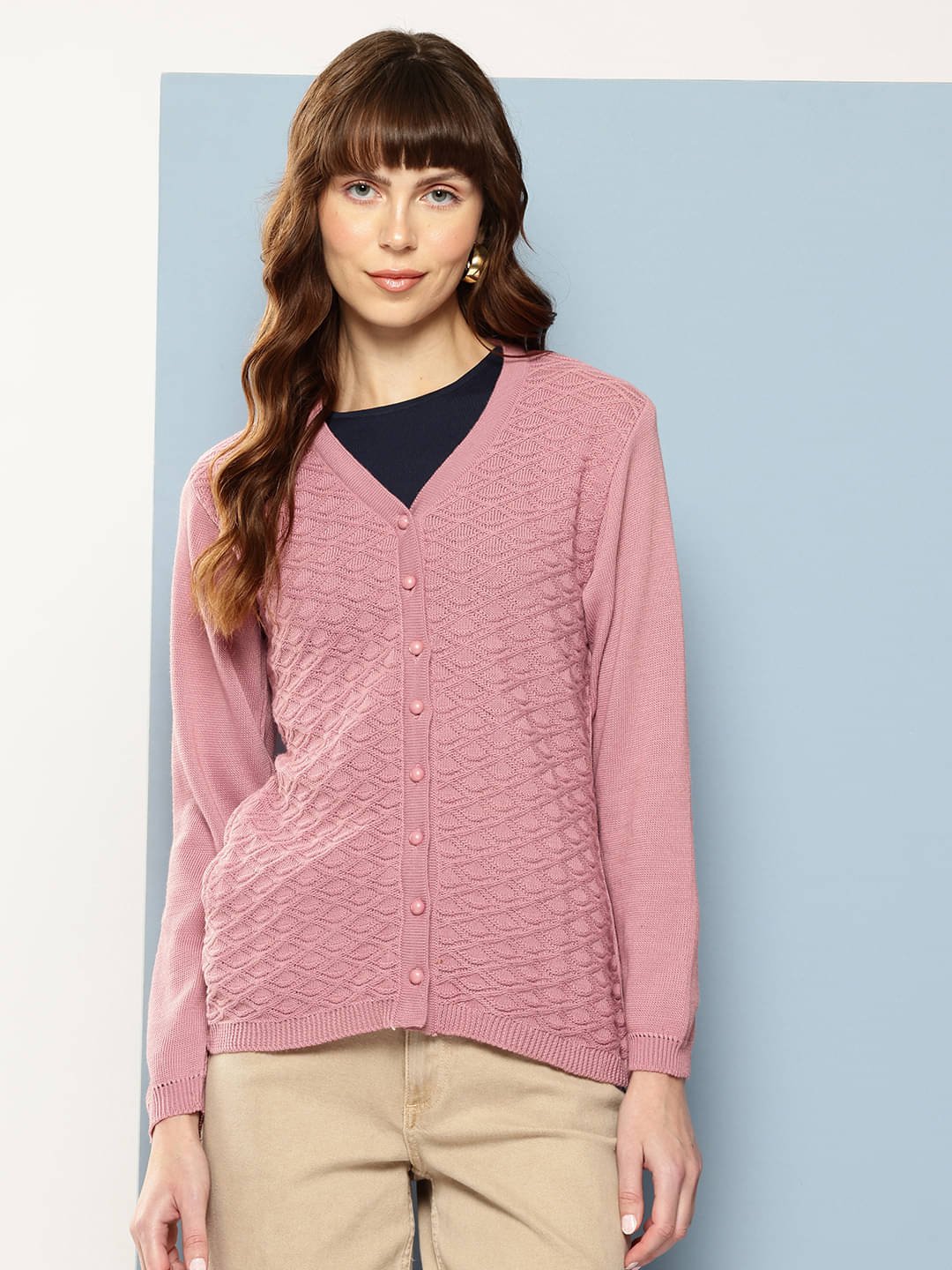     			Aarika Woollen V Neck Women's Buttoned Cardigans - Pink ( Pack of 1 )
