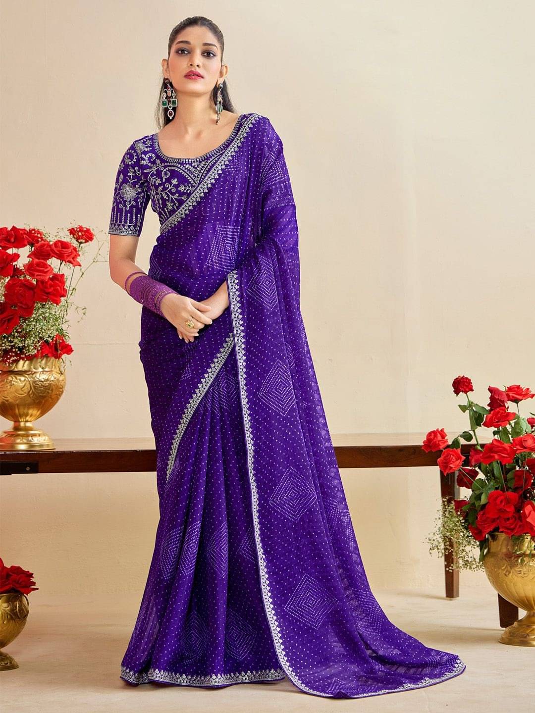     			BLEESBURY Georgette Printed Bandhani Sarees With Unstitched Blouse Piece ( Lavender )