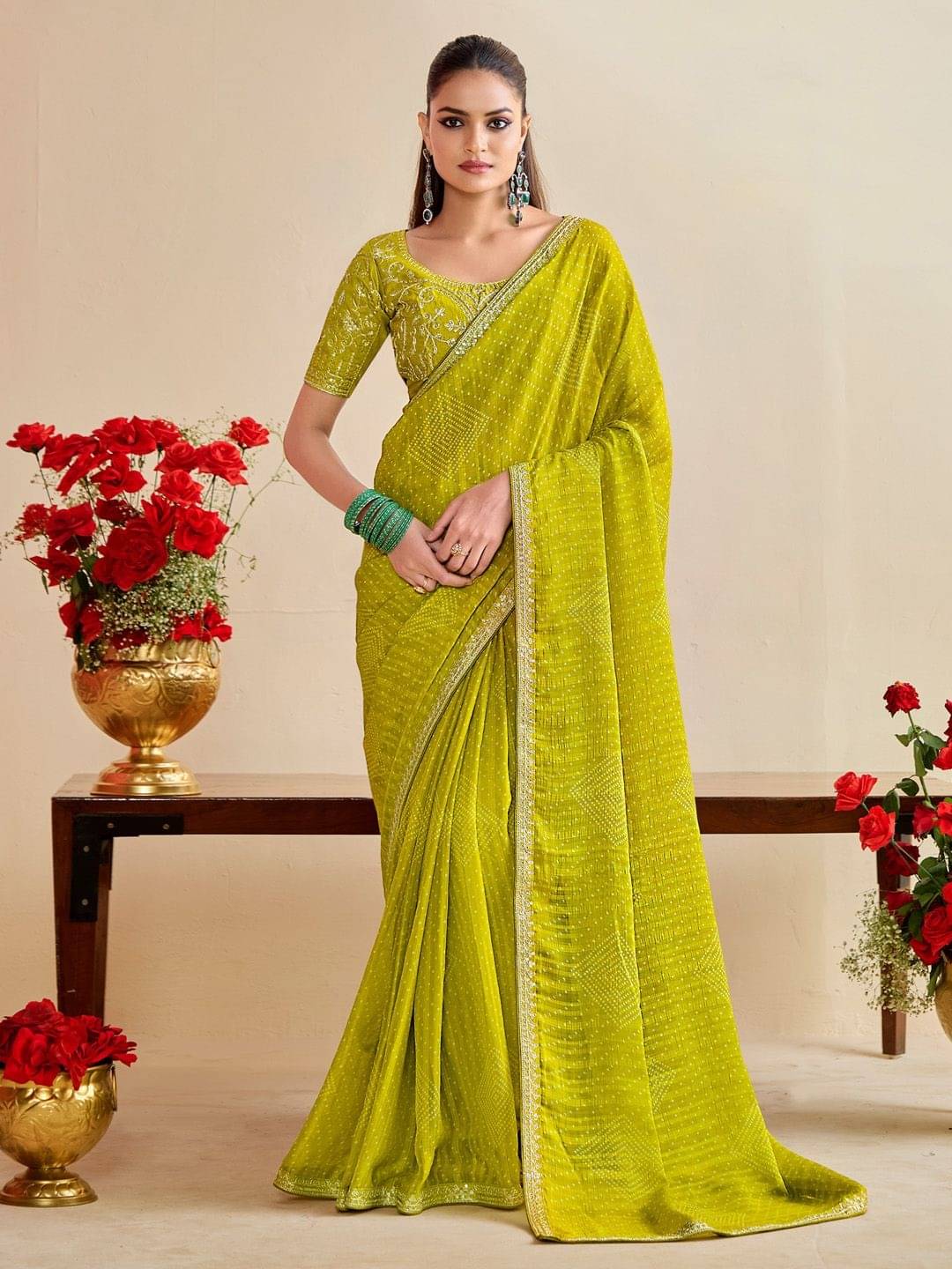 BLEESBURY Georgette Printed Bandhani Sarees With Unstitched Blouse Piece ( Lime Green ) BLEESBURY Georgette Printed Bandhani Sarees With Unstitched Blouse Piece ( Lime Green )