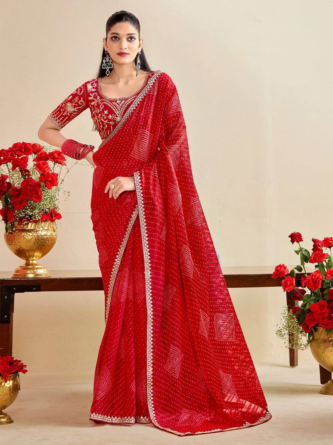     			BLEESBURY Georgette Printed Bandhani Sarees With Unstitched Blouse Piece ( Rani )