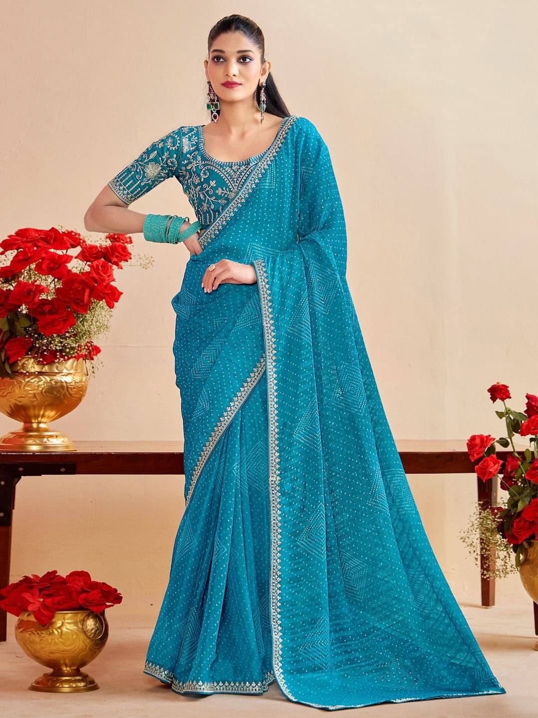     			BLEESBURY Georgette Printed Bandhani Sarees With Unstitched Blouse Piece ( Sky Blue )