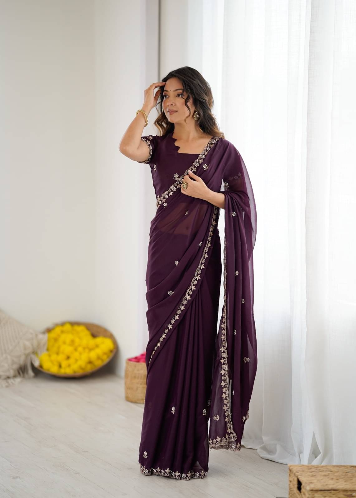 BLEESBURY Jimmy Choo Dyed Regular Saree With Unstitched Blouse Piece ( Wine ) BLEESBURY Jimmy Choo Dyed Regular Saree With Unstitched Blouse Piece ( Wine )