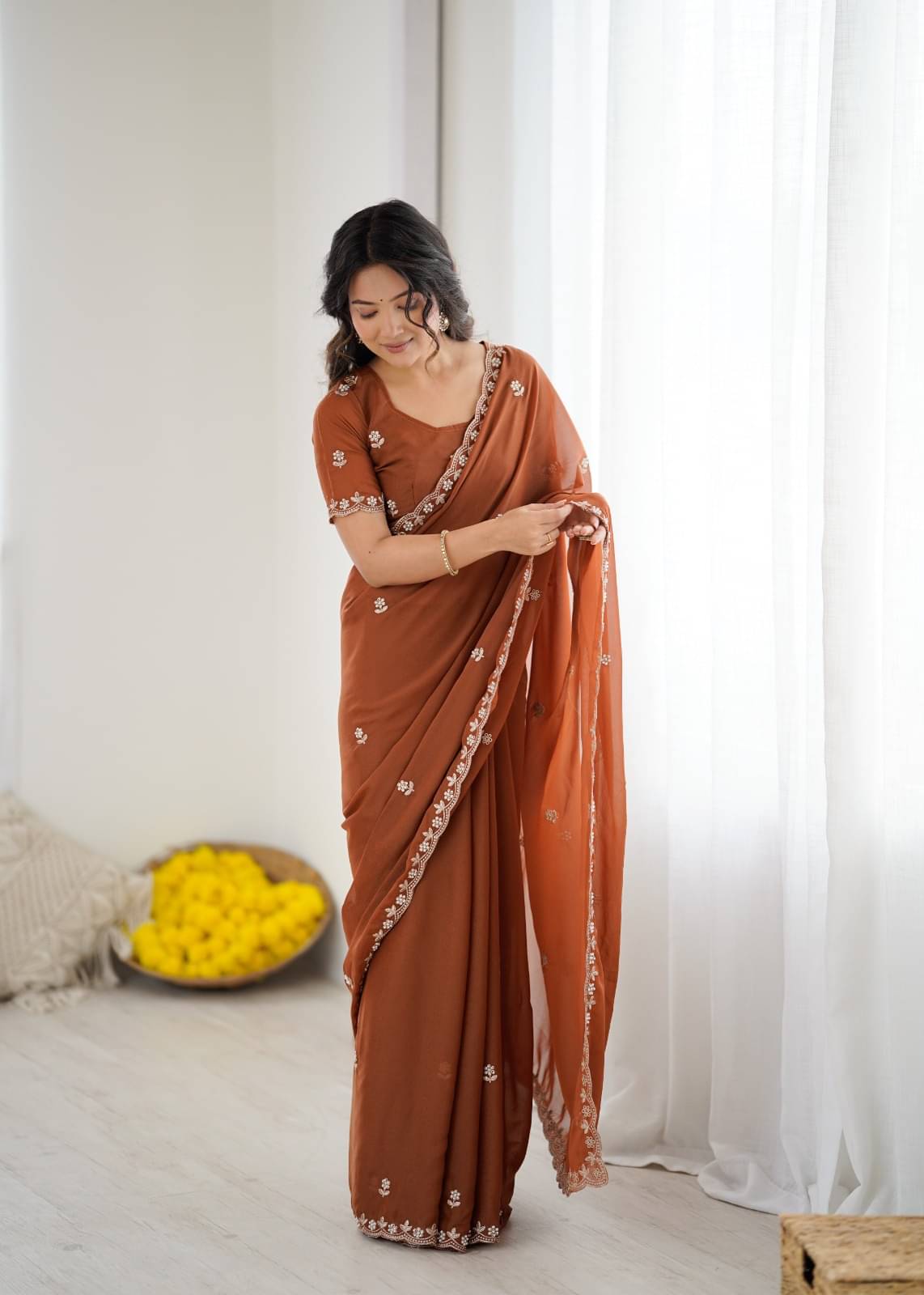 BLEESBURY Jimmy Choo Dyed Regular Saree With Unstitched Blouse Piece ( Brown )     			BLEESBURY Jimmy Choo Dyed Regular Saree With Unstitched Blouse Piece ( Brown )