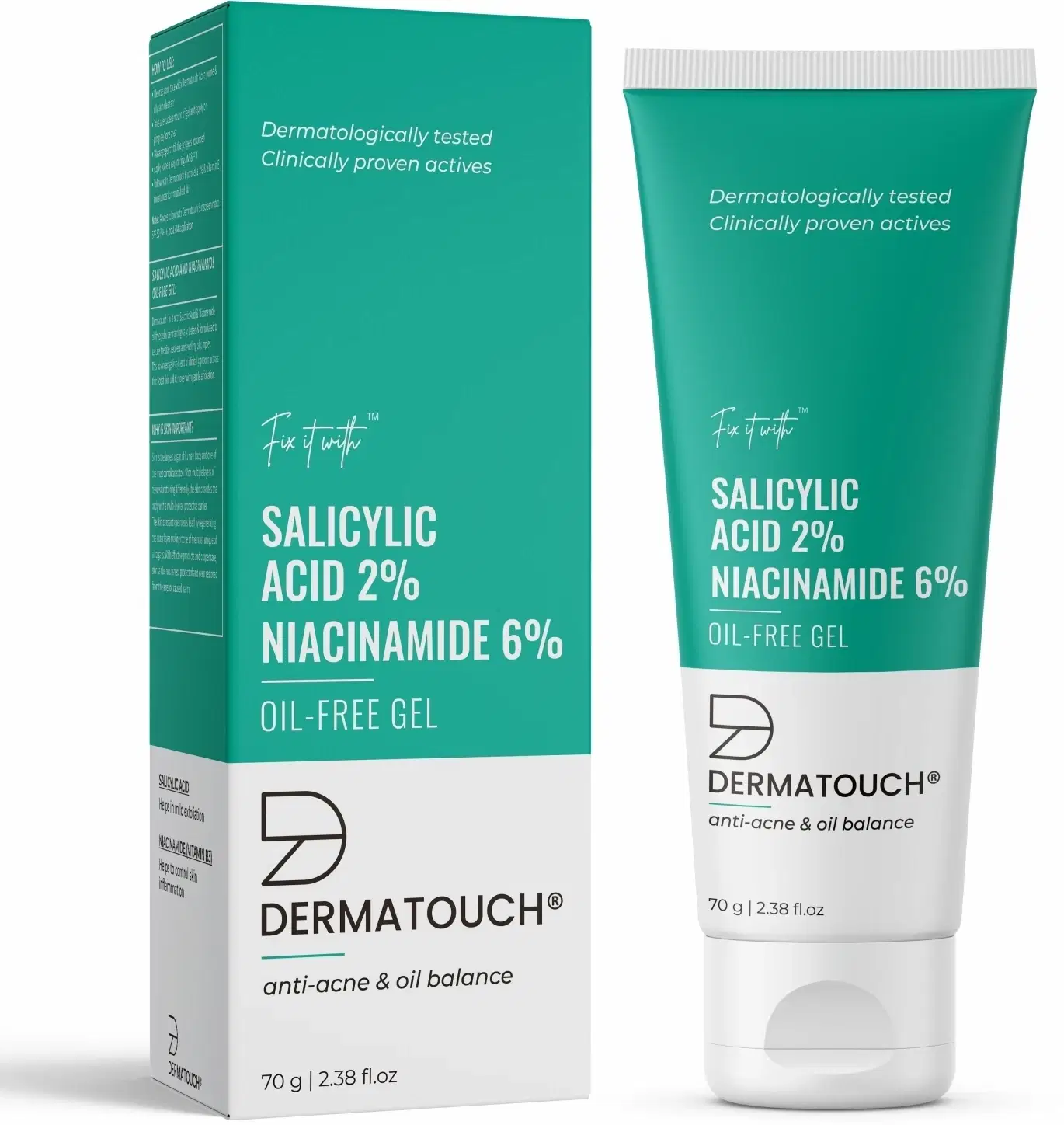DERMATOUCH Salicylic Acid 2% Niacinamide 6% Anti-Acne Oil-Free Gel For Active Acne, Oil Balancing, Pore tightening 70G