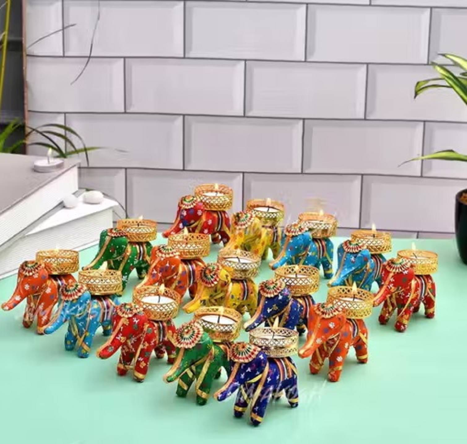     			EPSAA Multicolour Table Top Metal Tea Light Holder - Pack of 7
