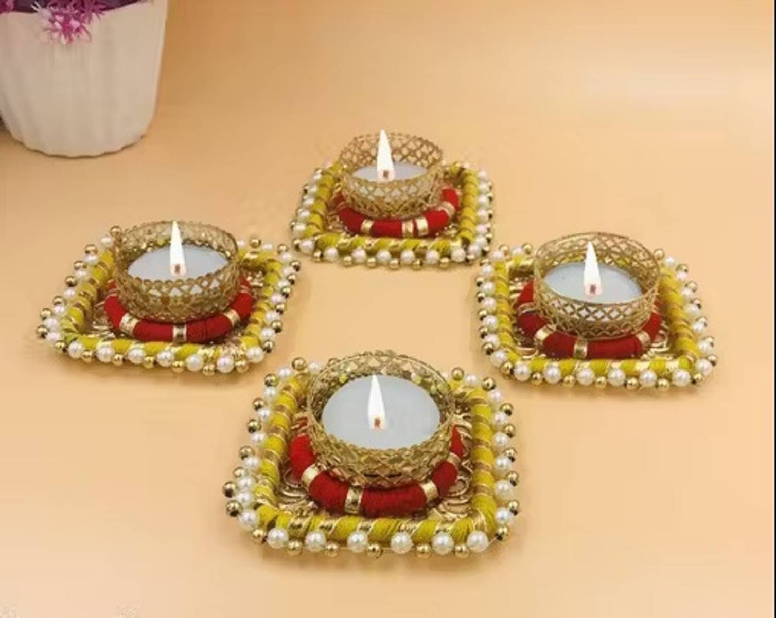     			EPSAA Multicolour Table Top Metal Tea Light Holder - Pack of 4